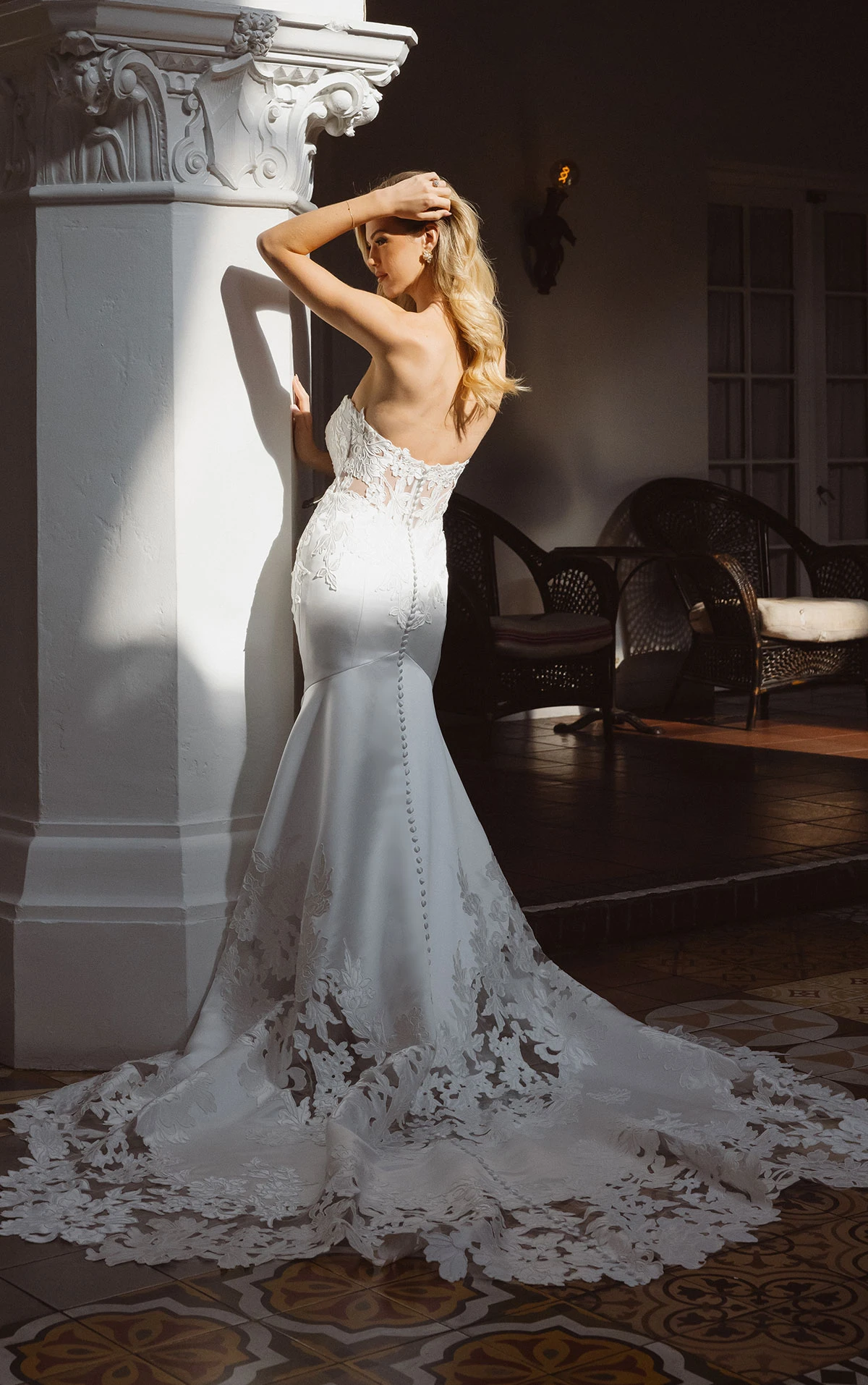 Strapless Satin Fit-and-Flare Wedding Dress with Lace