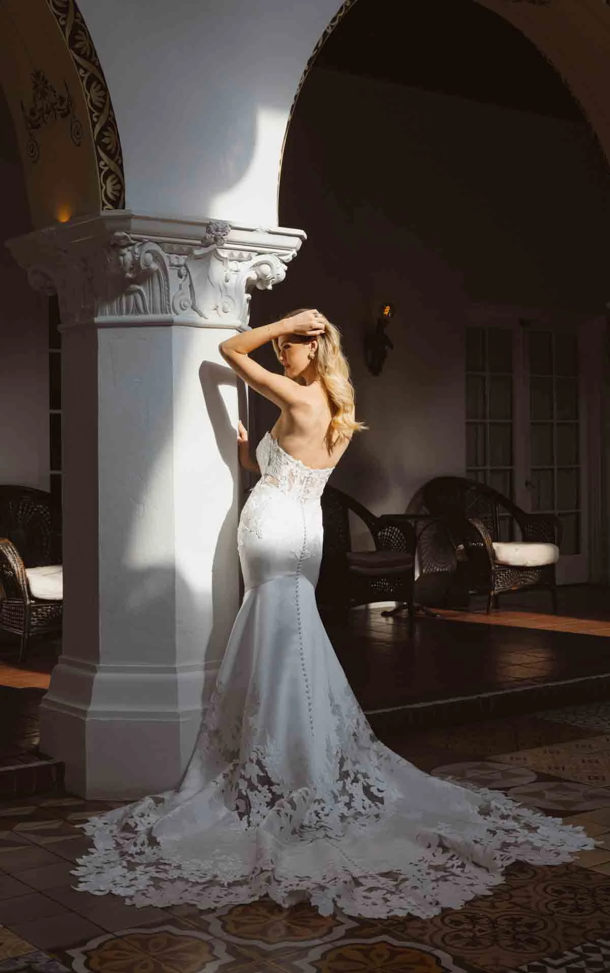 d4600 Elegant Satin and Lace Fit-and-Flare Wedding Dress with Scalloped Cathedral Train by Essense of Australia