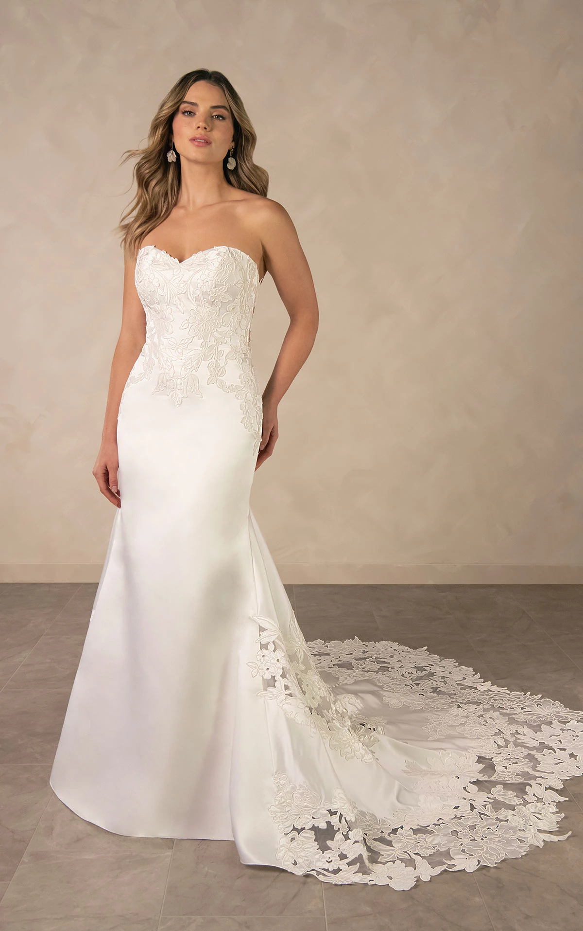 d4600 Elegant Satin and Lace Fit-and-Flare Wedding Dress with Scalloped Cathedral Train  by Essense of Australia