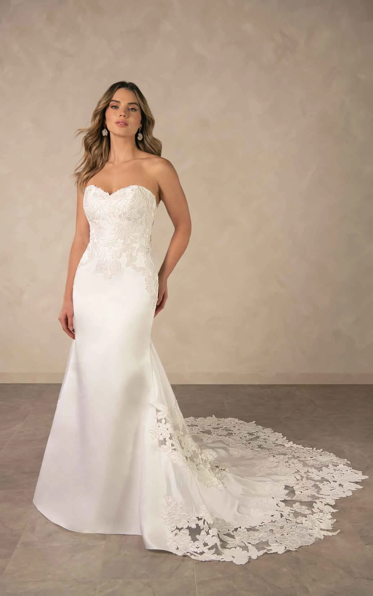 d4600 Elegant Satin and Lace Fit-and-Flare Wedding Dress with Scalloped Cathedral Train by Essense of Australia