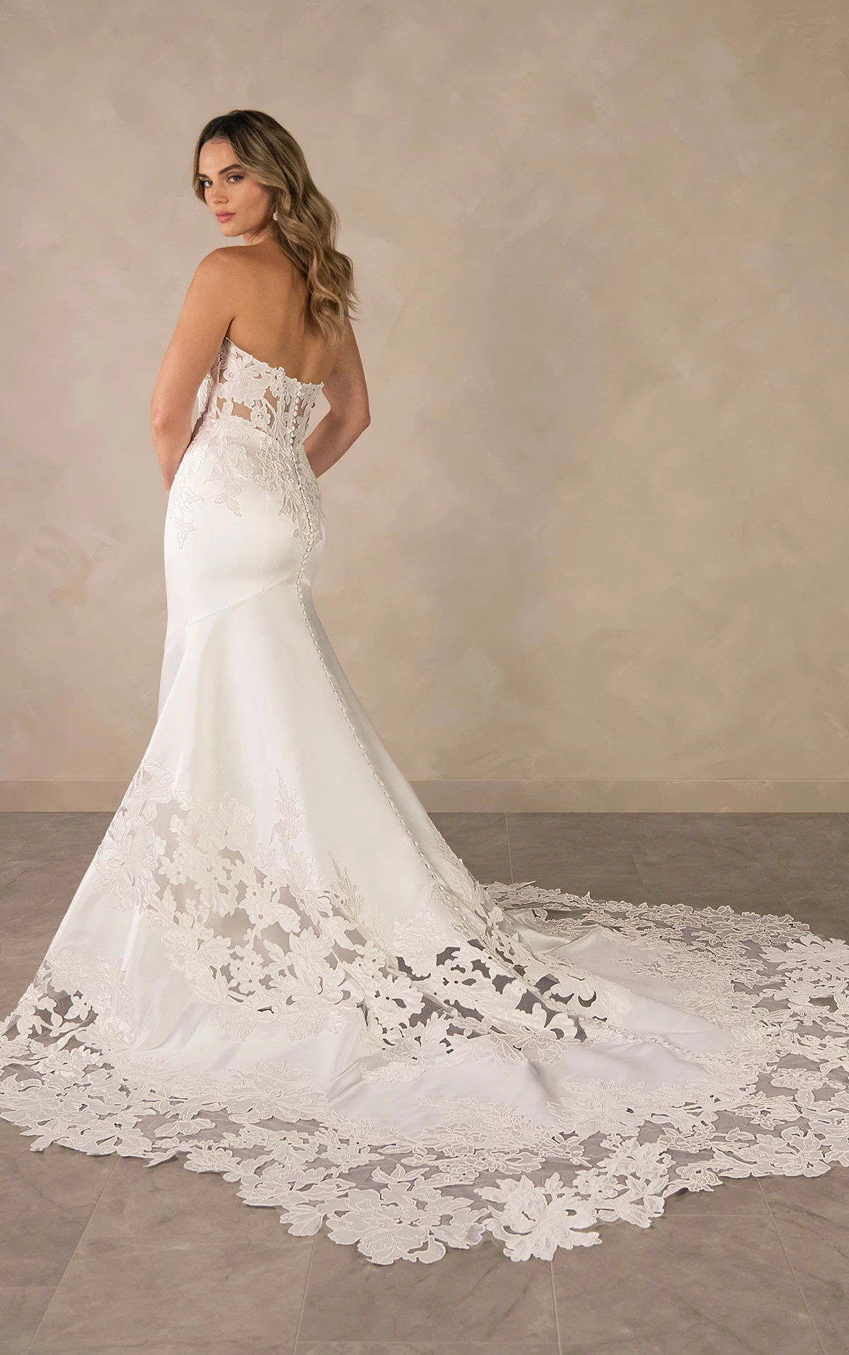 d4600 Elegant Satin and Lace Fit-and-Flare Wedding Dress with Scalloped Cathedral Train  by Essense of Australia