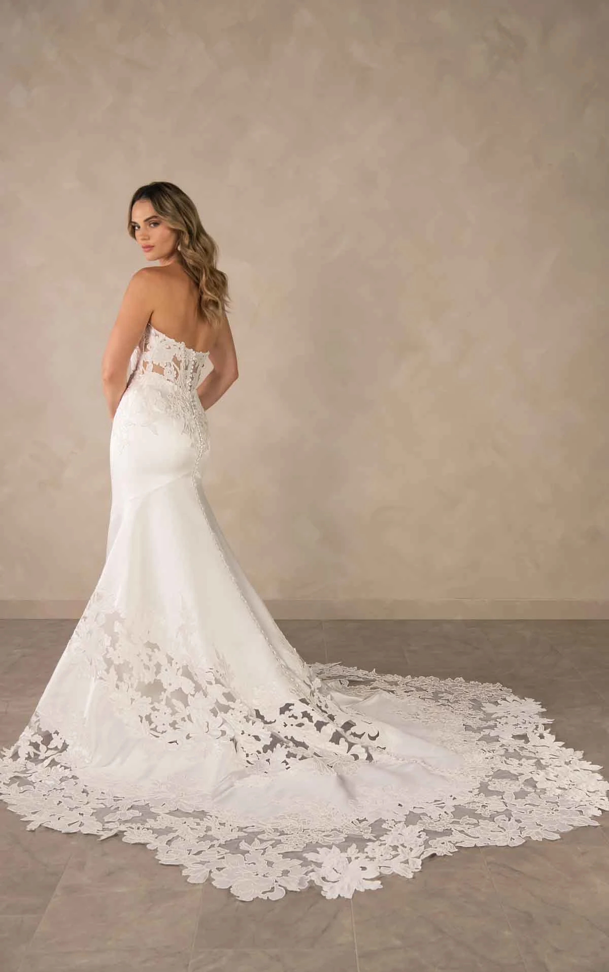 d4600 Elegant Satin and Lace Fit-and-Flare Wedding Dress with Scalloped Cathedral Train by Essense of Australia
