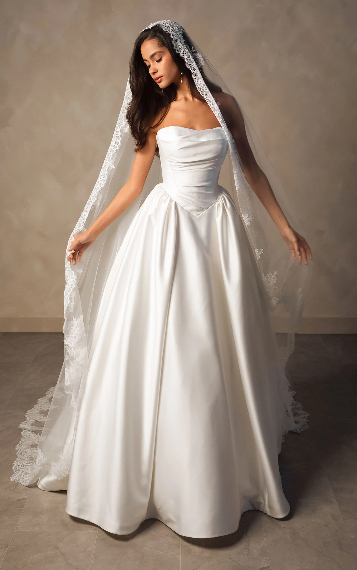 d4602 Minimalist Strapless Mikado Ballgown with Draped Bodice and Basque Waist by Essense of Australia