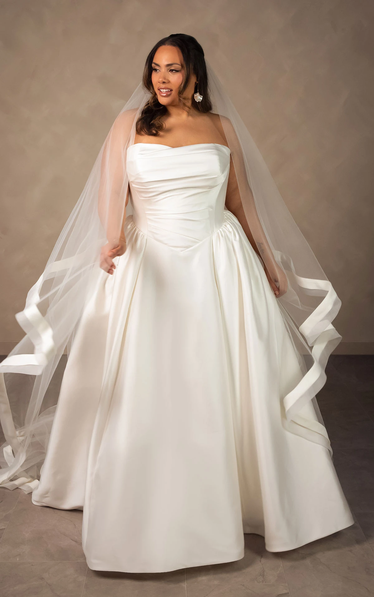 d4602 Minimalist Strapless Mikado Ballgown with Draped Bodice and Basque Waist by Essense of Australia