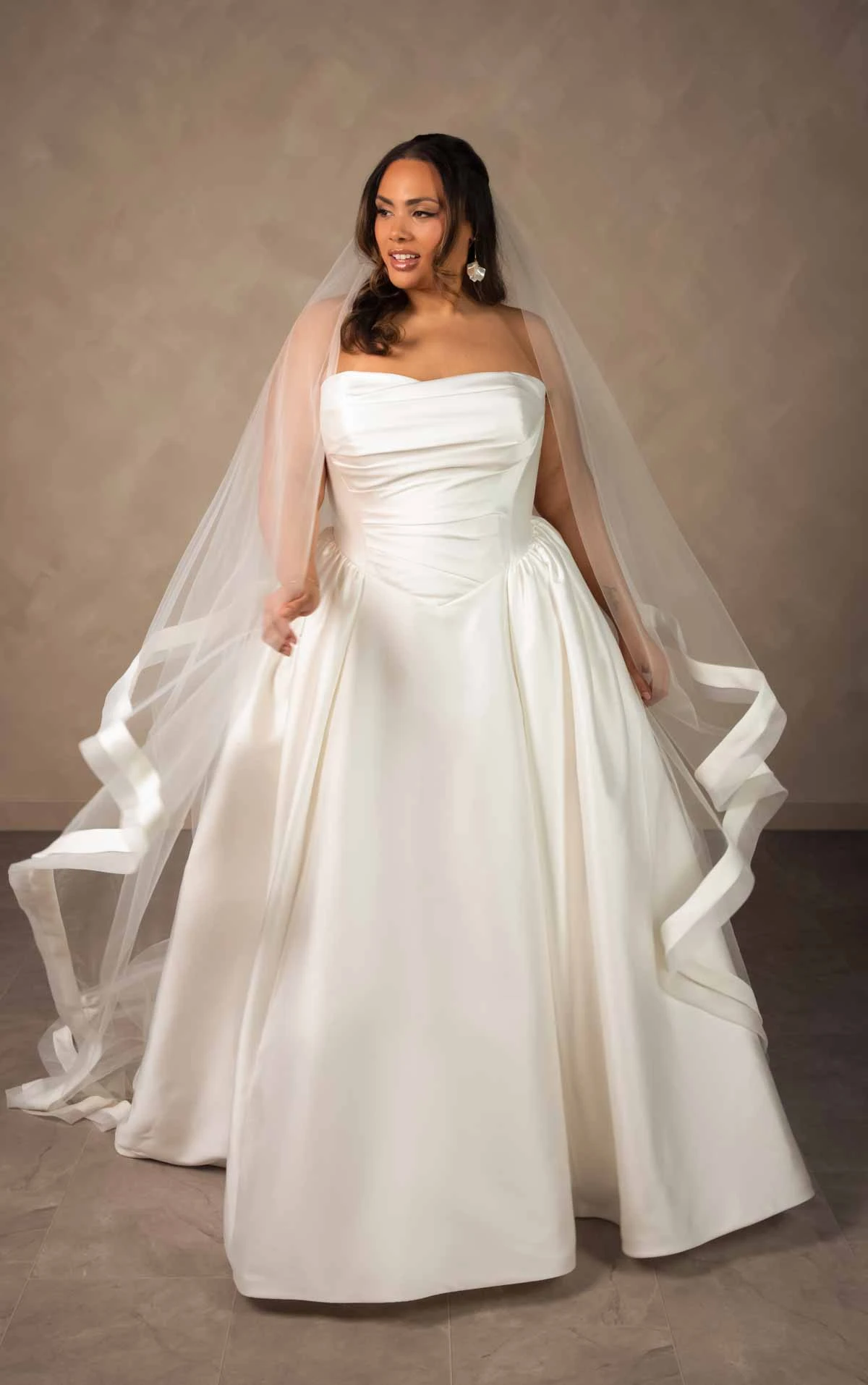 d4602 Minimalist Strapless Mikado Ballgown with Draped Bodice and Basque Waist by Essense of Australia