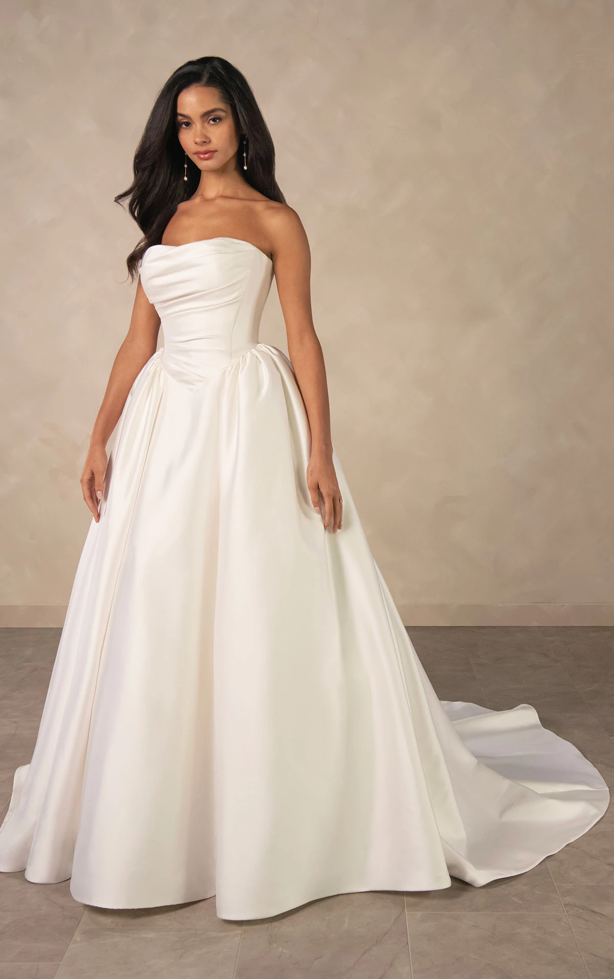 d4602 Minimalist Strapless Mikado Ballgown with Draped Bodice and Basque Waist by Essense of Australia