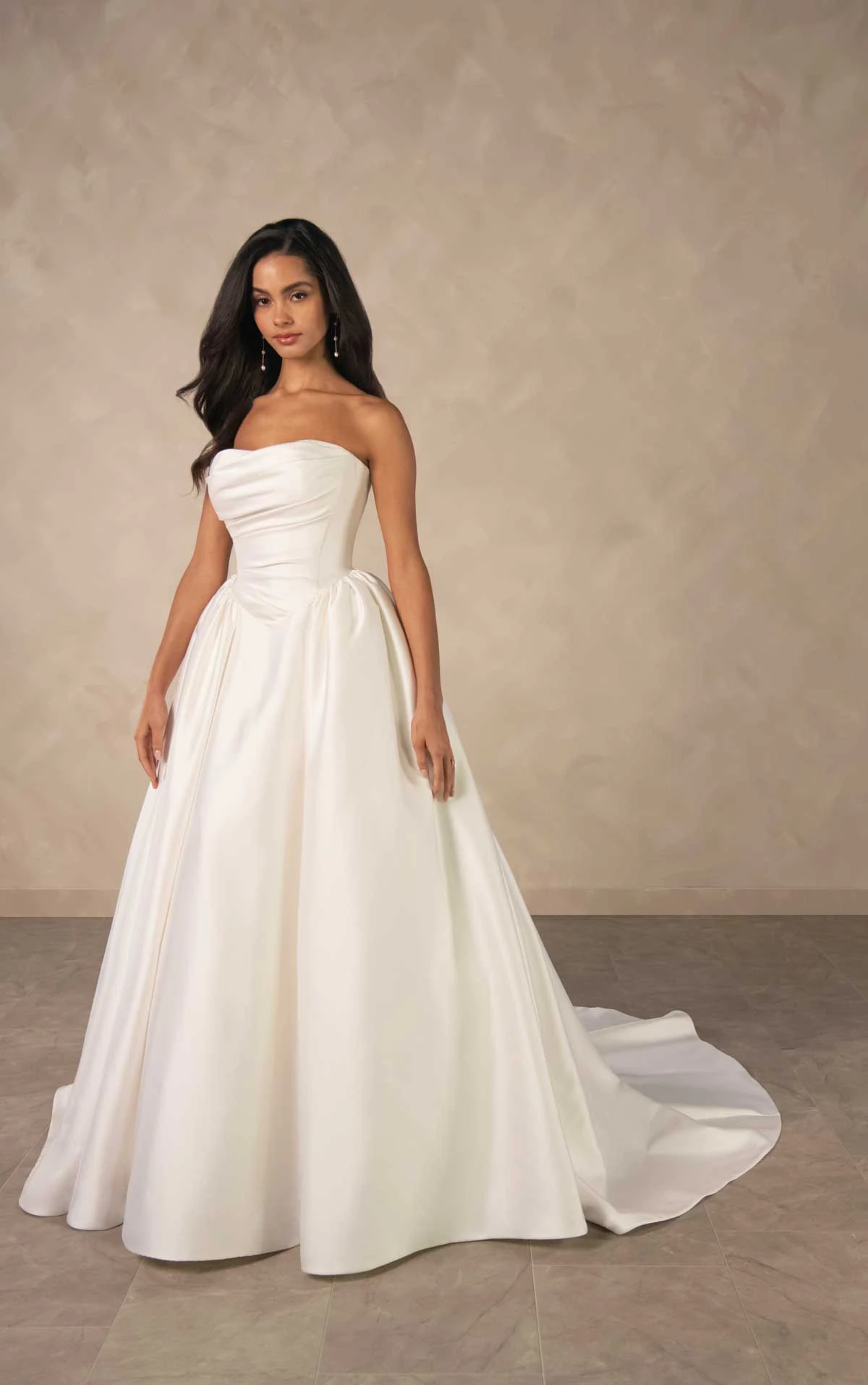 d4602 Minimalist Strapless Mikado Ballgown with Draped Bodice and Basque Waist by Essense of Australia