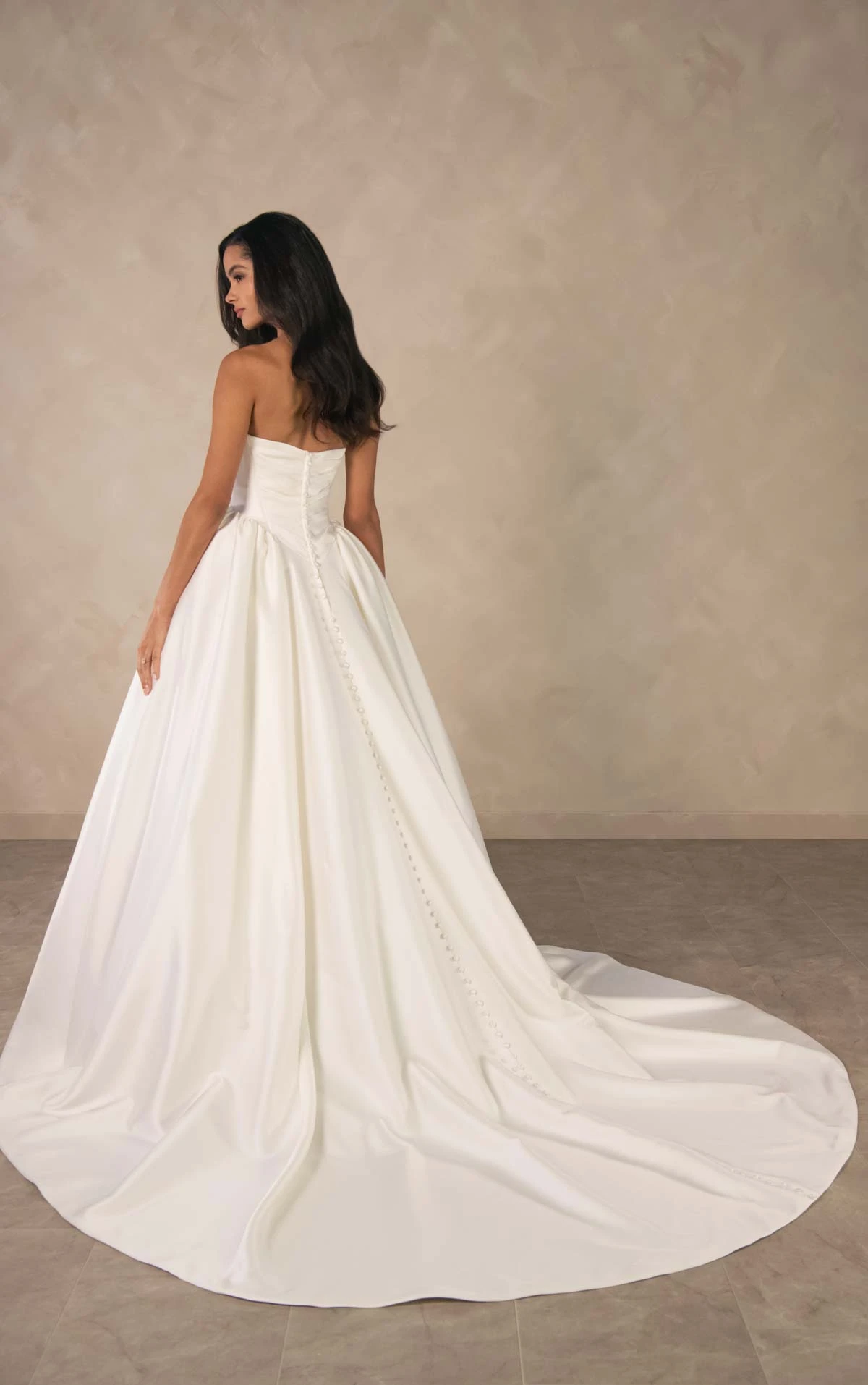d4602 Minimalist Strapless Mikado Ballgown with Draped Bodice and Basque Waist by Essense of Australia