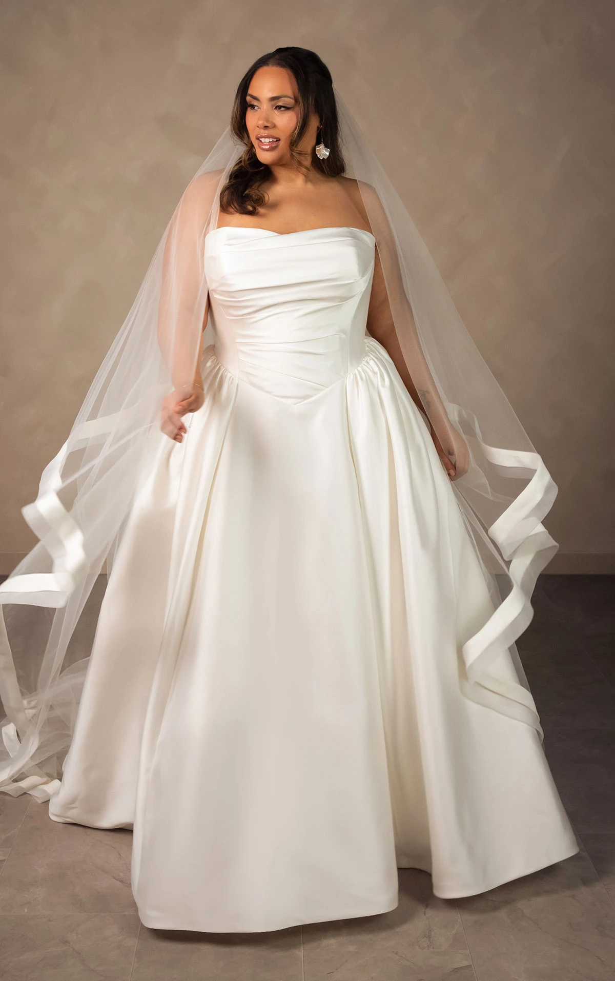 d4602+ Plus Size Minimalist Strapless Mikado Ballgown with Draped Bodice and Basque Waist by Essense of Australia