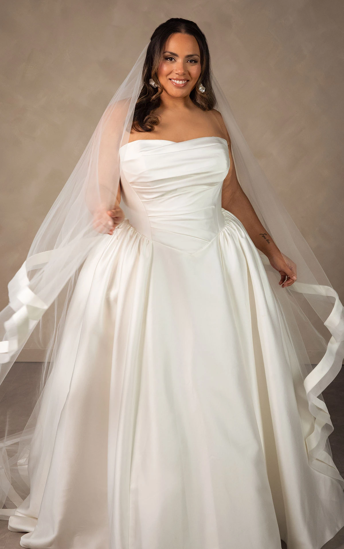 d4602+ Plus Size Minimalist Strapless Mikado Ballgown with Draped Bodice and Basque Waist by Essense of Australia