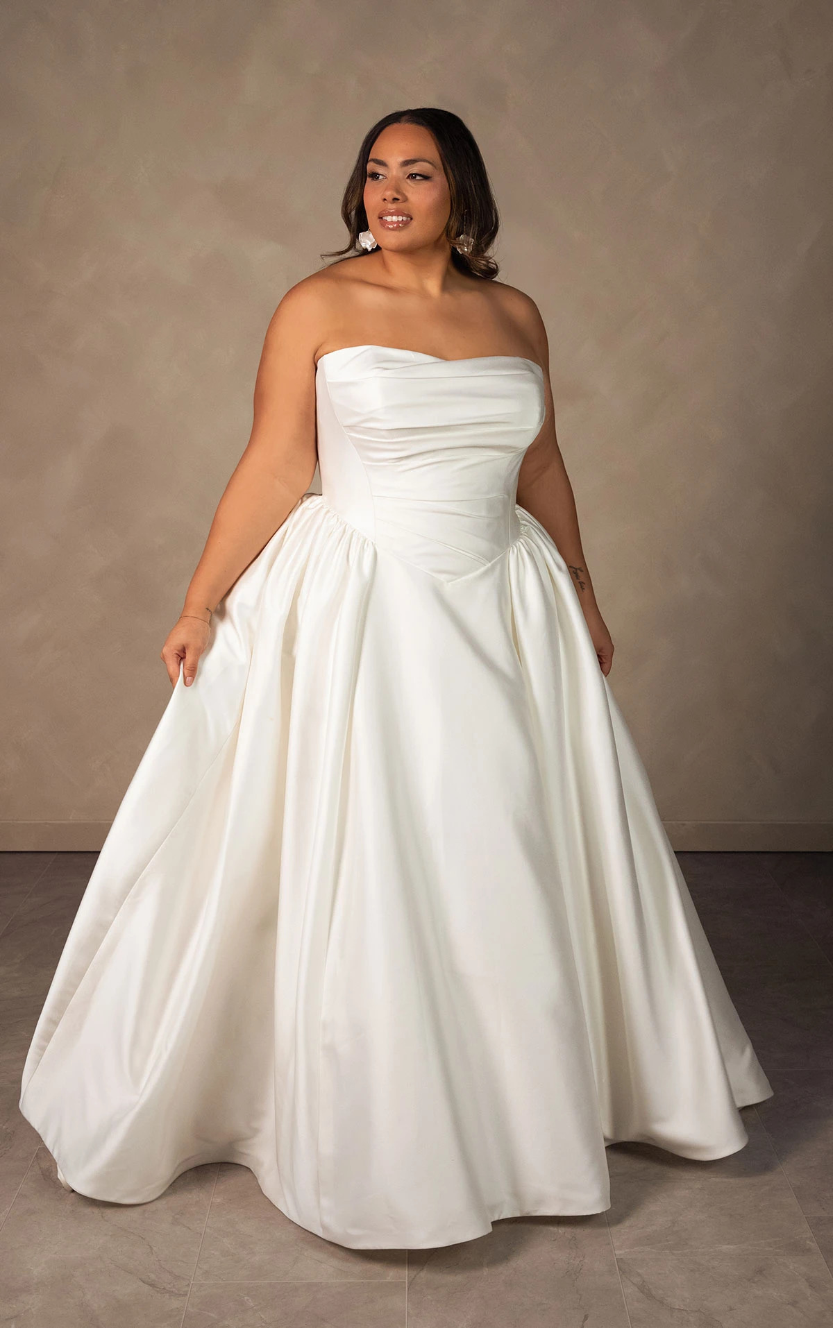 d4602+ Plus Size Minimalist Strapless Mikado Ballgown with Draped Bodice and Basque Waist by Essense of Australia