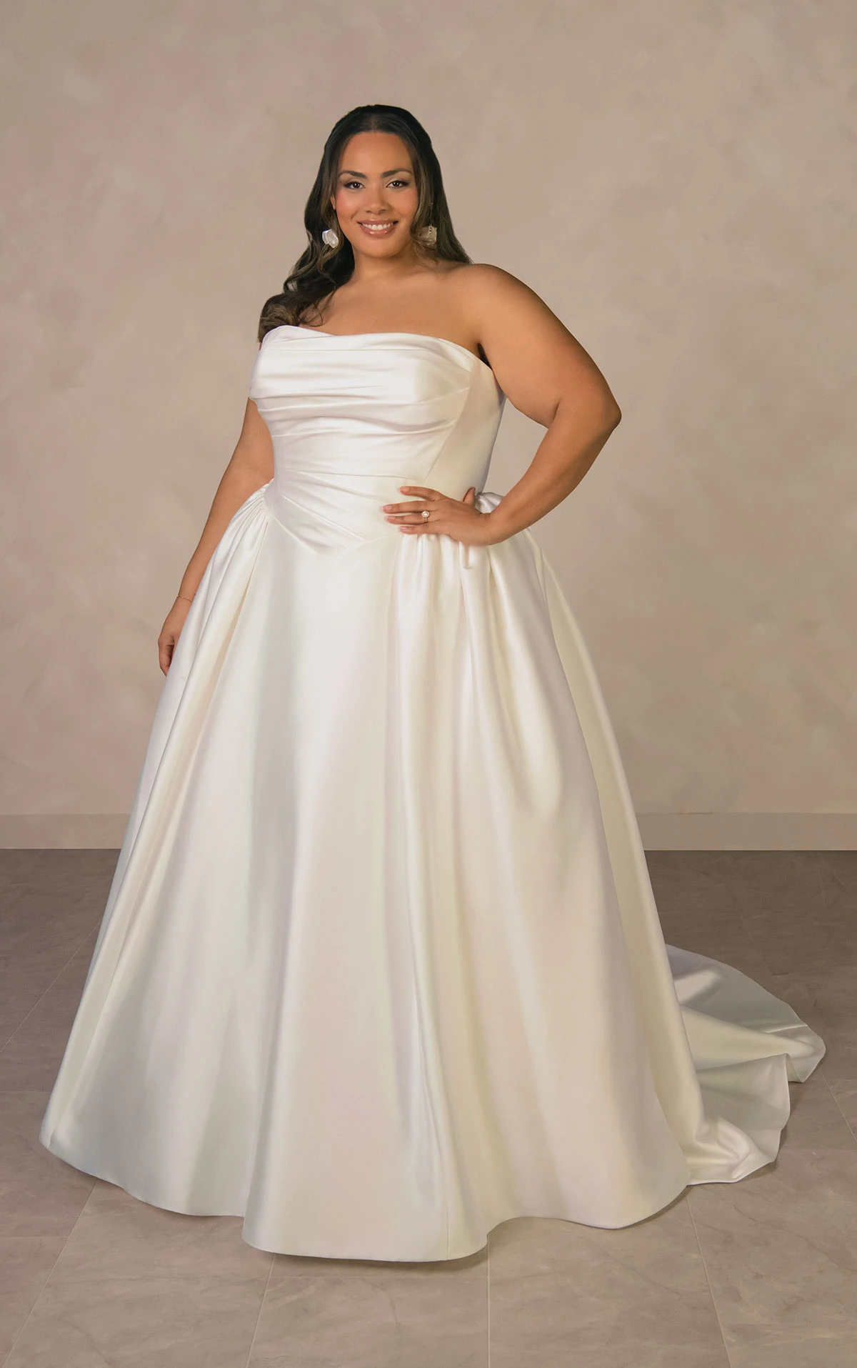 d4602+ Plus Size Minimalist Strapless Mikado Ballgown with Draped Bodice and Basque Waist by Essense of Australia