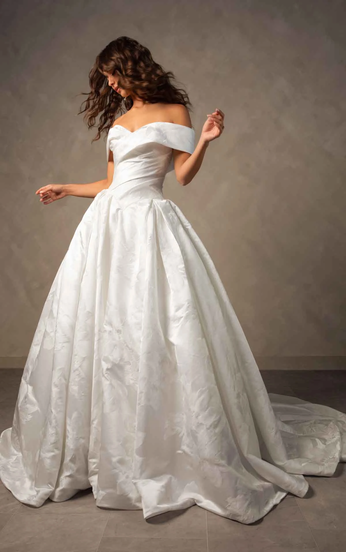 d4604 Regal Off-the-Shoulder Jacquard Ballgown with Couture Draping by Essense of Australia