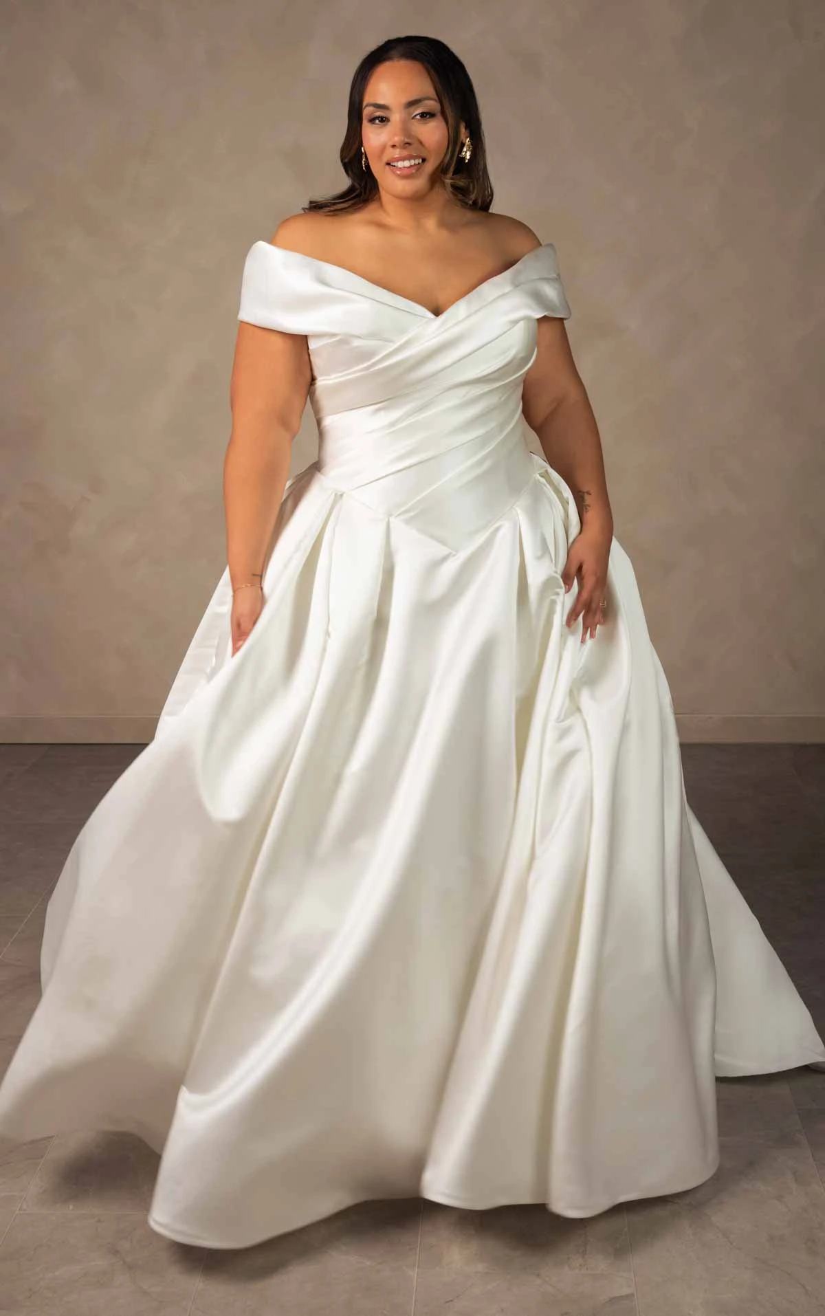 d4604 Regal Off-the-Shoulder Jacquard Ballgown with Couture Draping by Essense of Australia