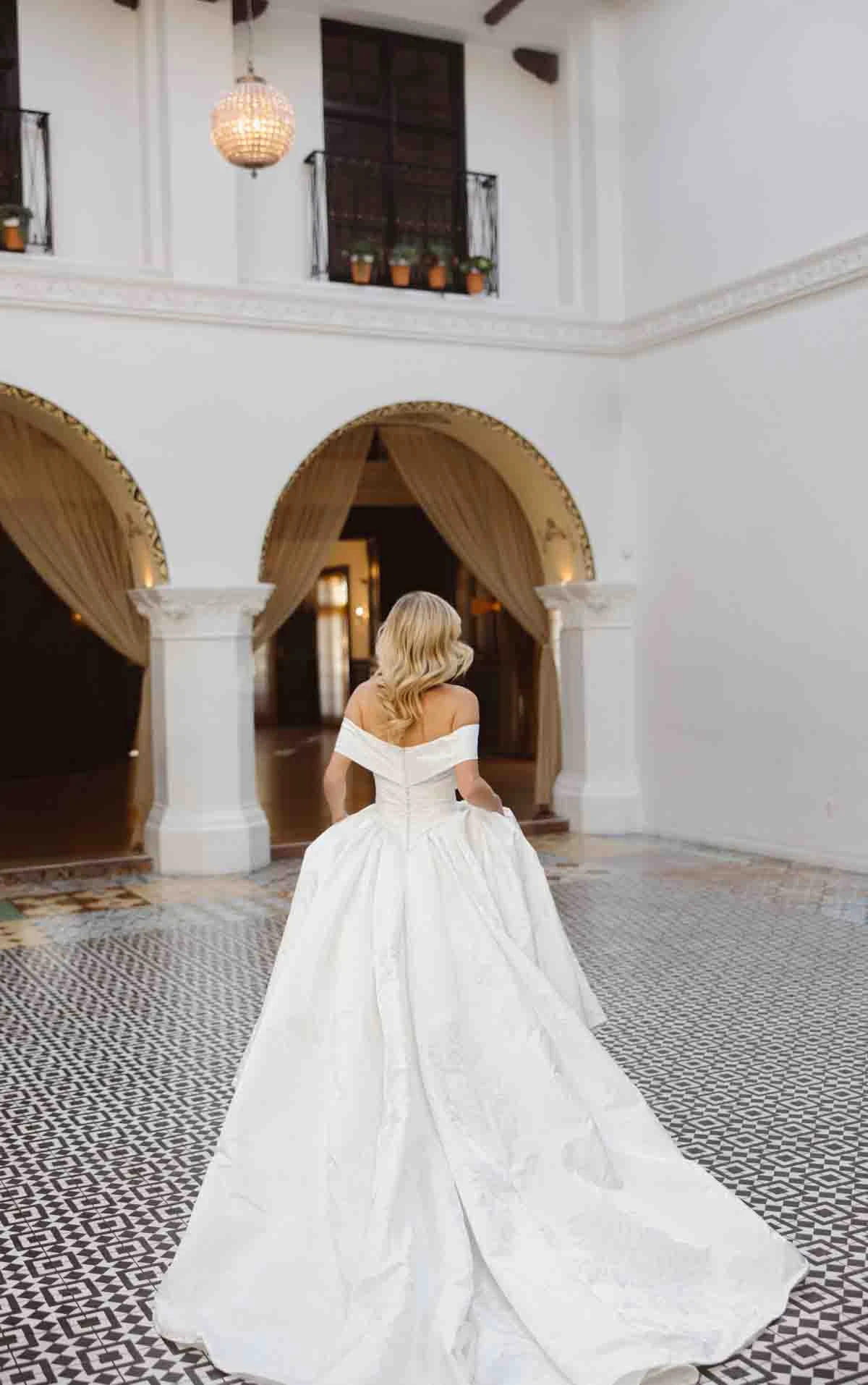 d4604 Regal Off-the-Shoulder Jacquard Ballgown with Couture Draping by Essense of Australia