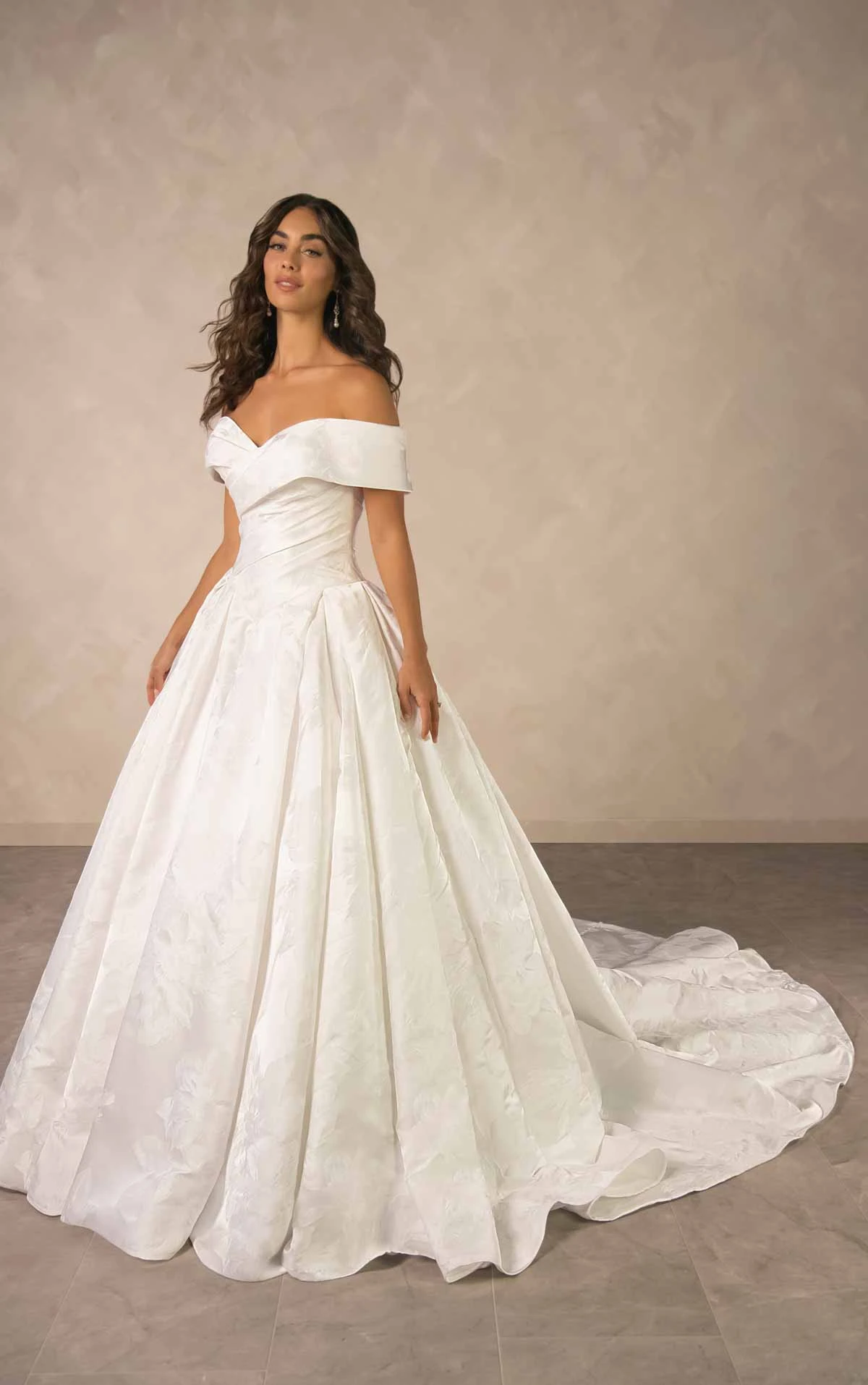 d4604 Regal Off-the-Shoulder Jacquard Ballgown with Couture Draping by Essense of Australia