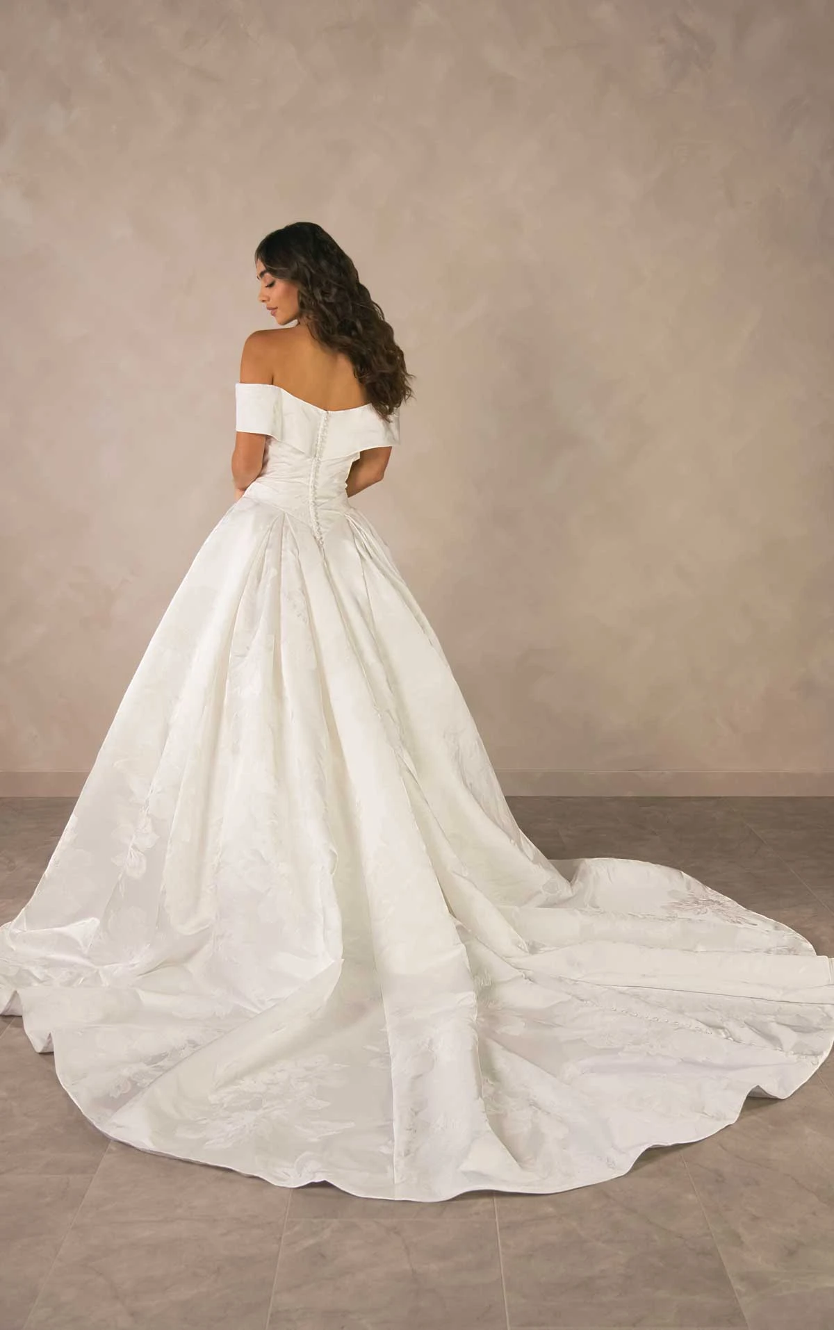 d4604 Regal Off-the-Shoulder Jacquard Ballgown with Couture Draping by Essense of Australia