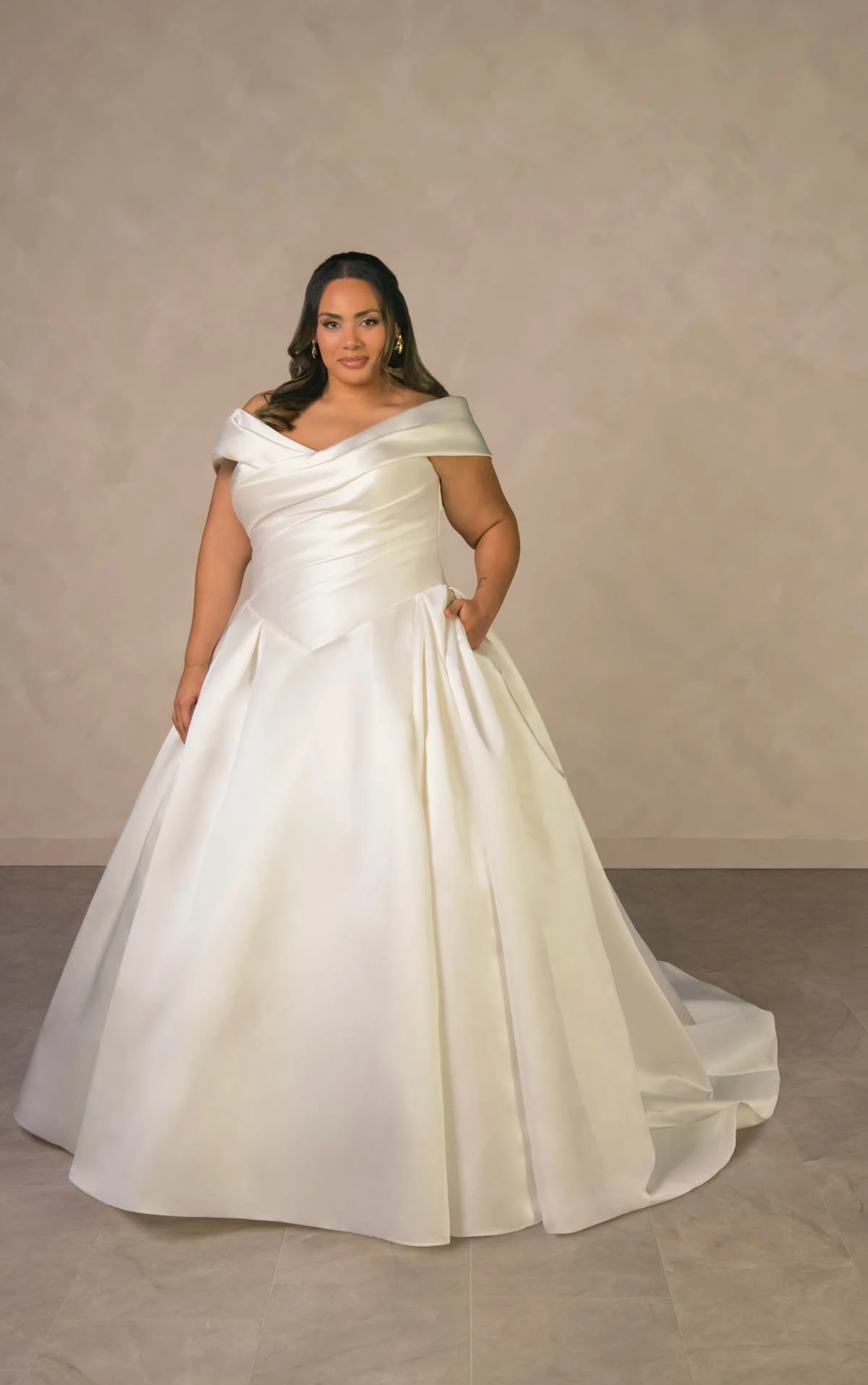 d4604 Regal Off-the-Shoulder Jacquard Ballgown with Couture Draping by Essense of Australia