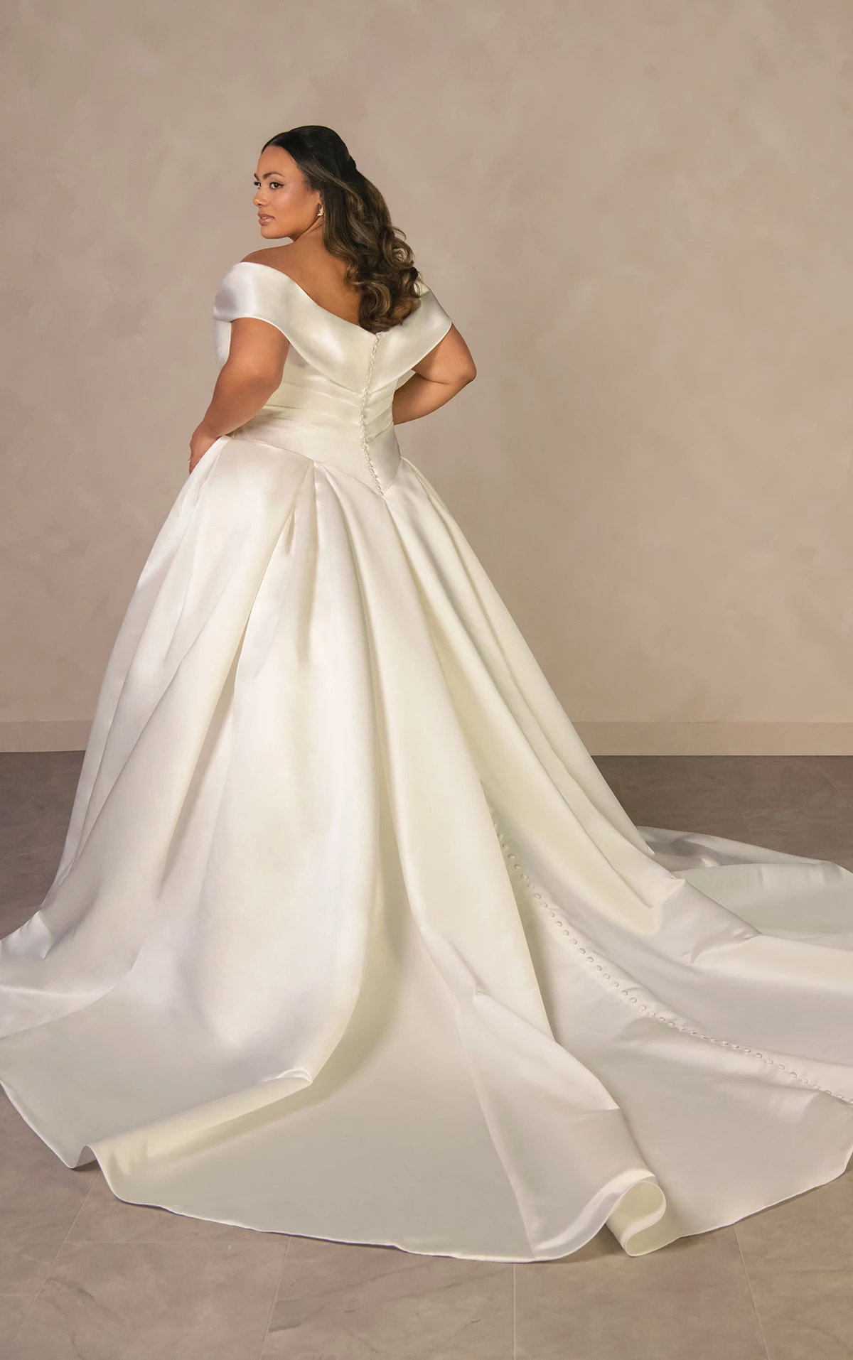Off-the-Shoulder Satin Ballgown Bridal Dress with Pleating Off-the-Shoulder Satin Ballgown Bridal Dress with Pleating