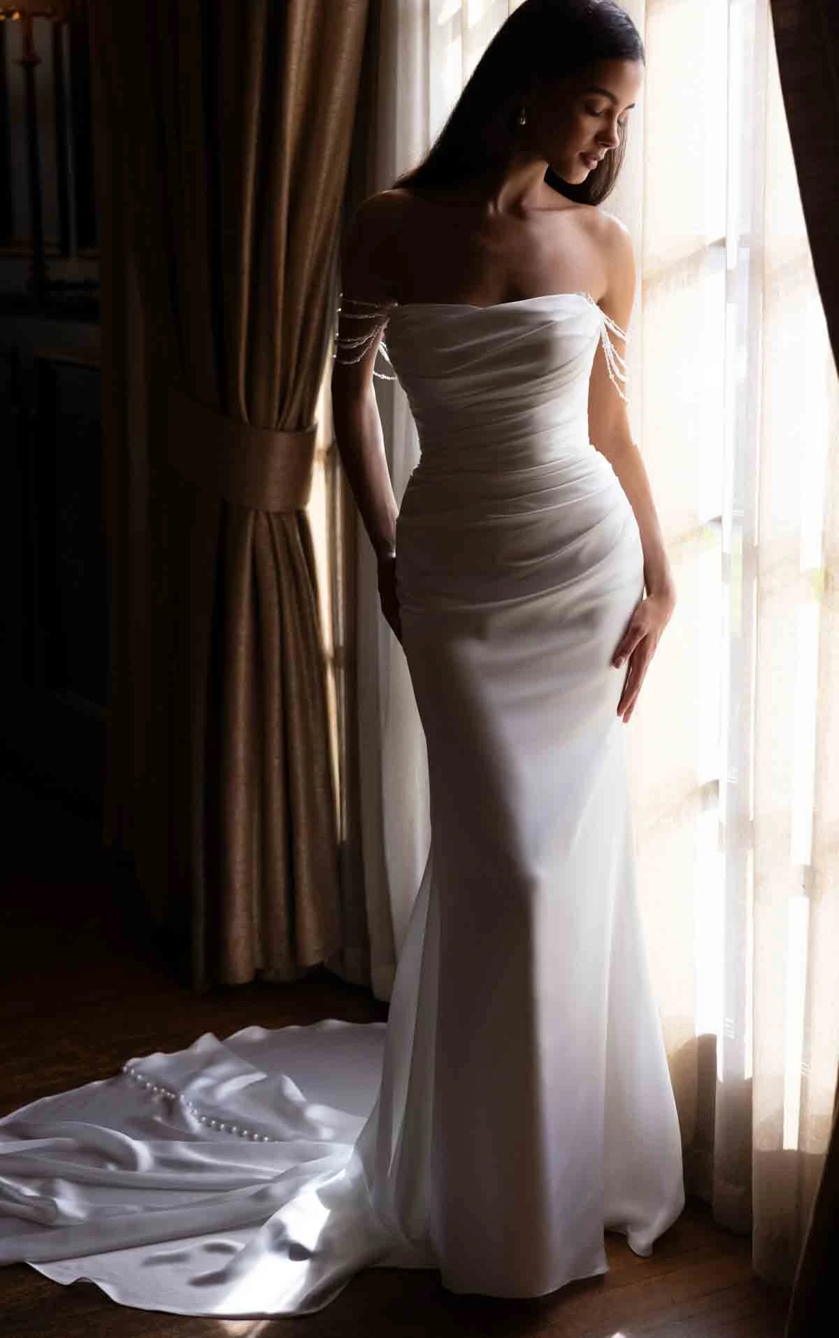 d4607 Strapless Charmeuse Column Wedding Dress with Off-the-Shoulder Pearl Strands by Essense of Australia