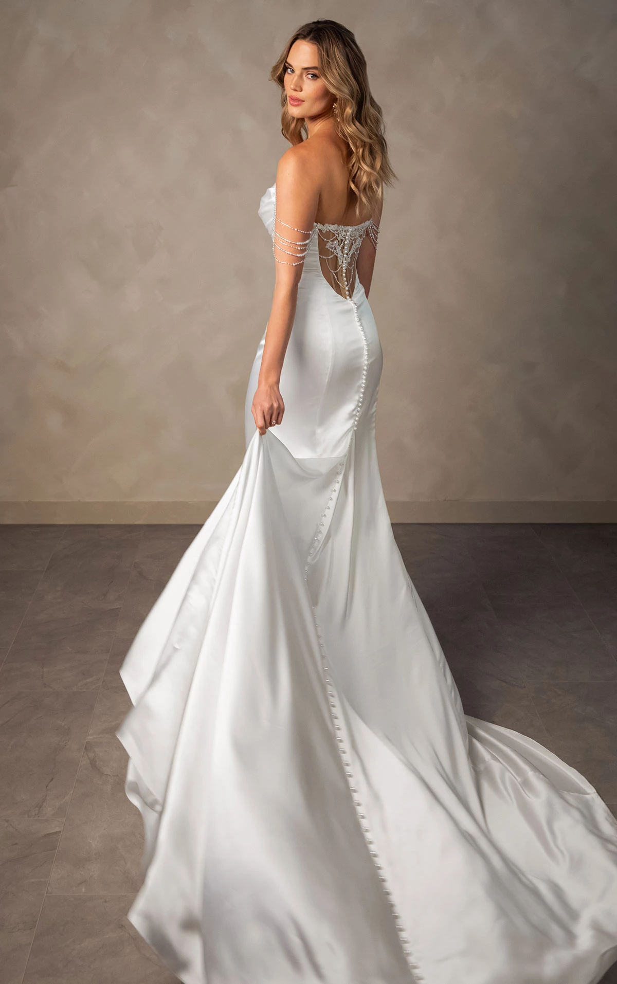 d4607 Strapless Charmeuse Column Wedding Dress with Off-the-Shoulder Pearl Strands by Essense of Australia