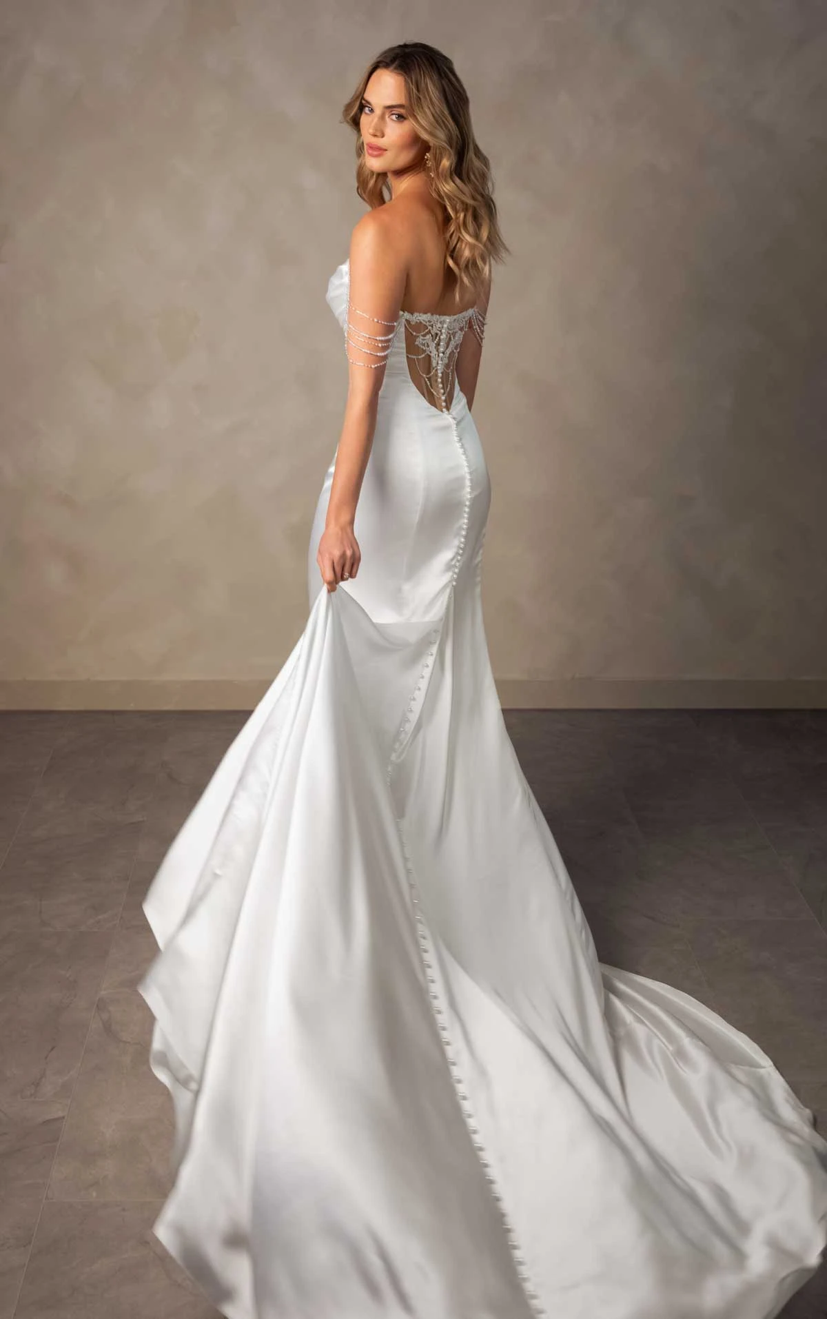 d4607 Strapless Charmeuse Column Wedding Dress with Off-the-Shoulder Pearl Strands by Essense of Australia