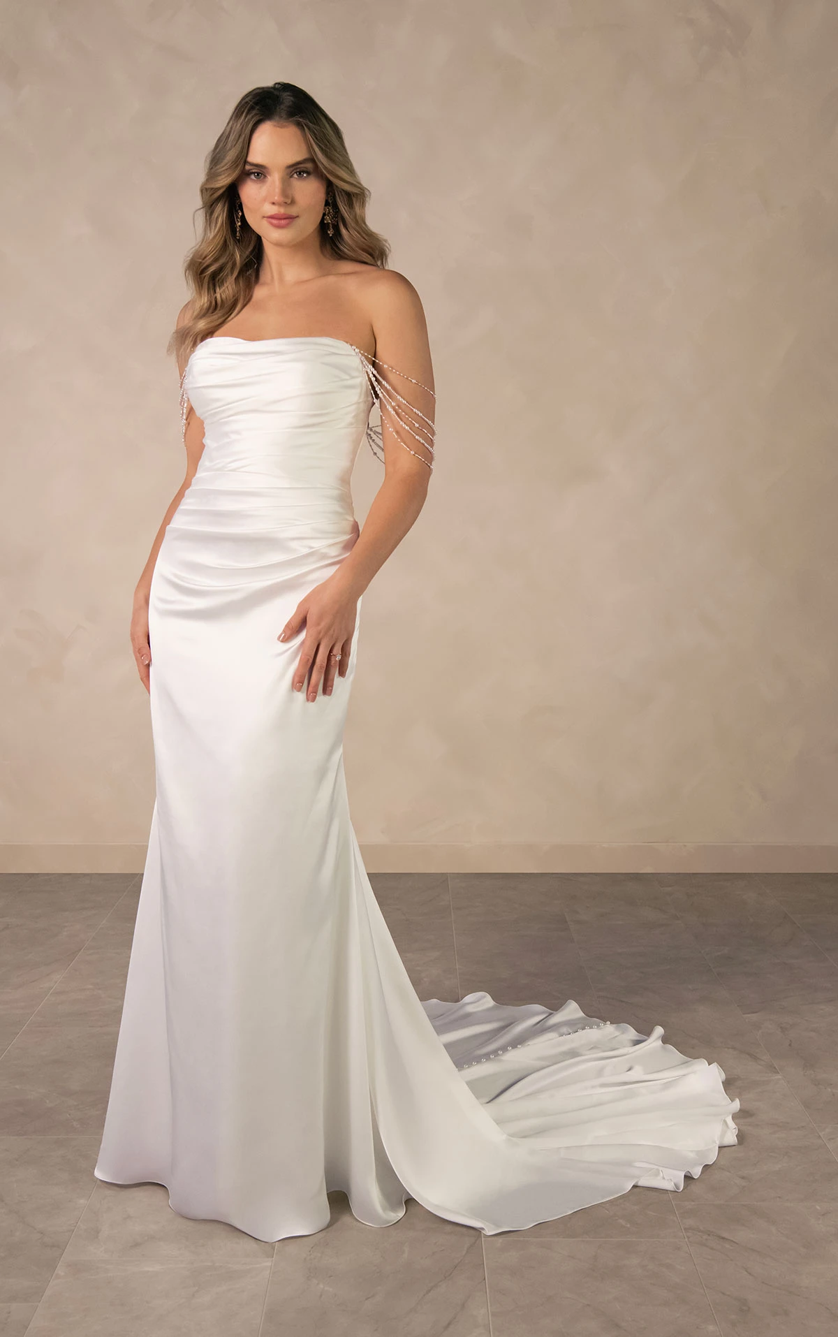 d4607 Strapless Charmeuse Column Wedding Dress with Off-the-Shoulder Pearl Strands by Essense of Australia