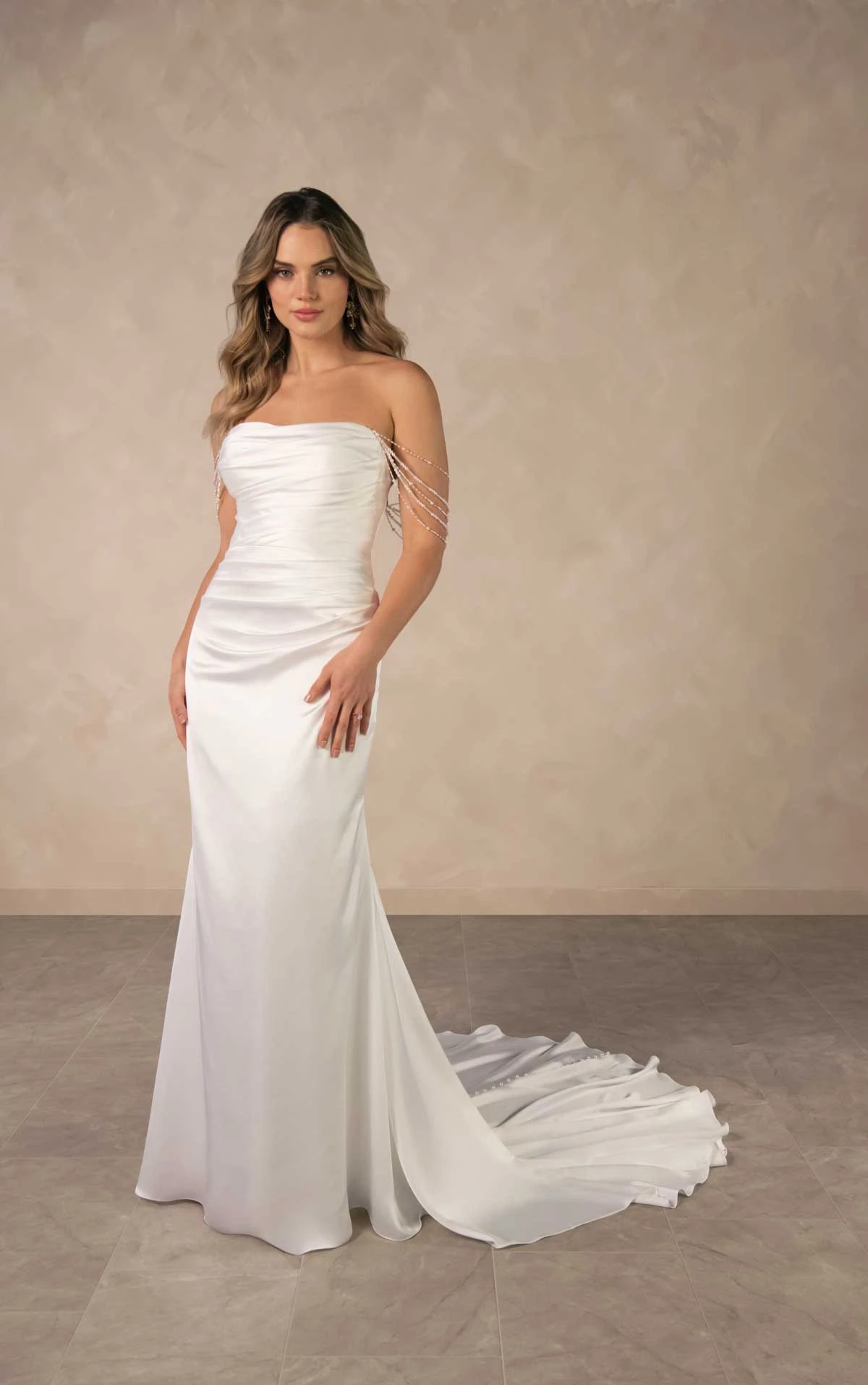 d4607 Strapless Charmeuse Column Wedding Dress with Off-the-Shoulder Pearl Strands by Essense of Australia