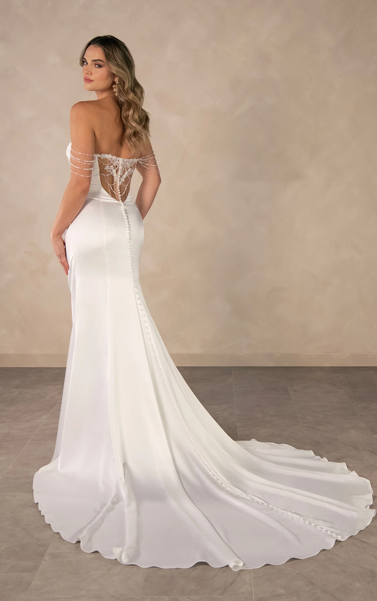 d4607 Strapless Charmeuse Column Wedding Dress with Off-the-Shoulder Pearl Strands by Essense of Australia