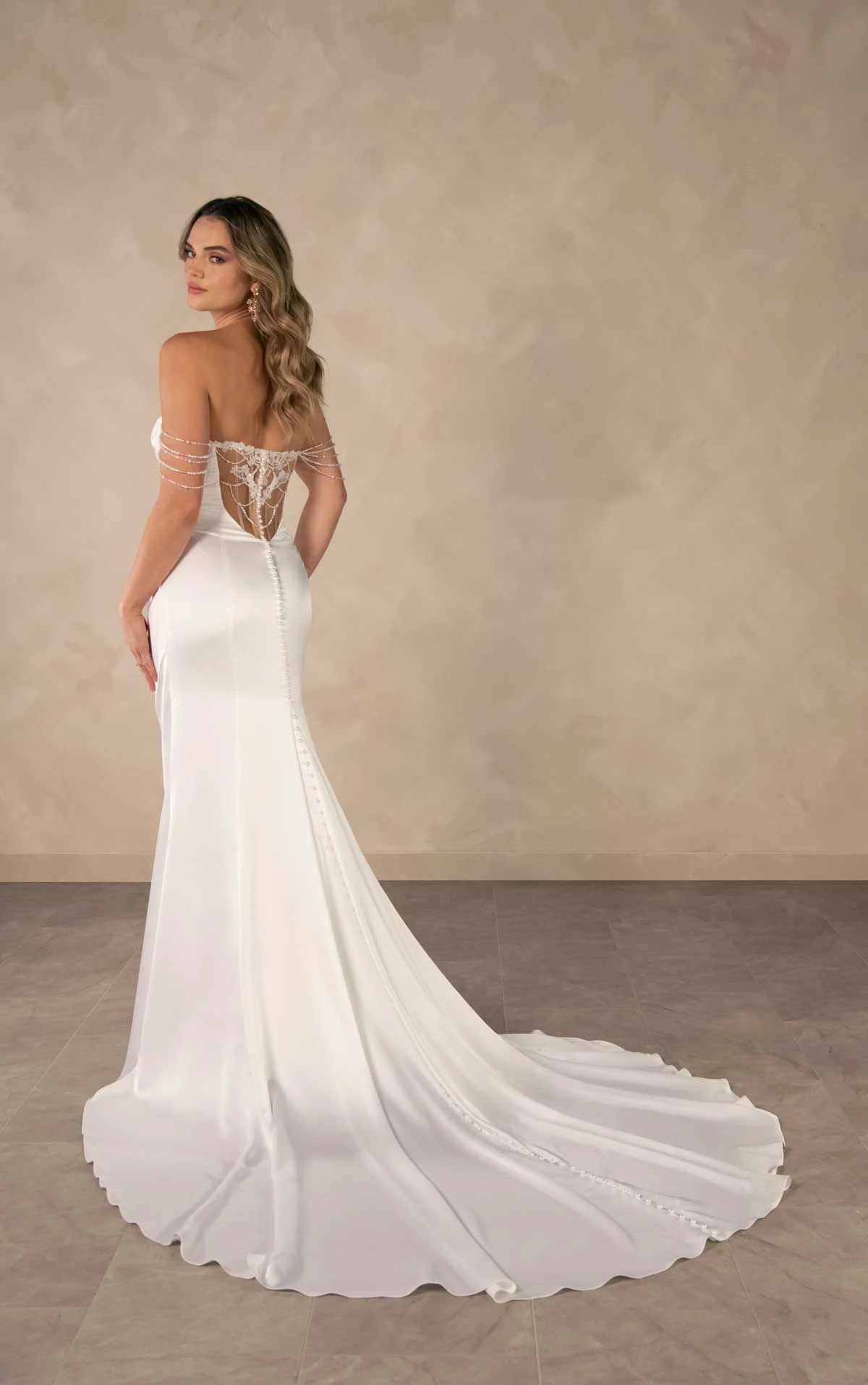 d4607 Strapless Charmeuse Column Wedding Dress with Off-the-Shoulder Pearl Strands by Essense of Australia