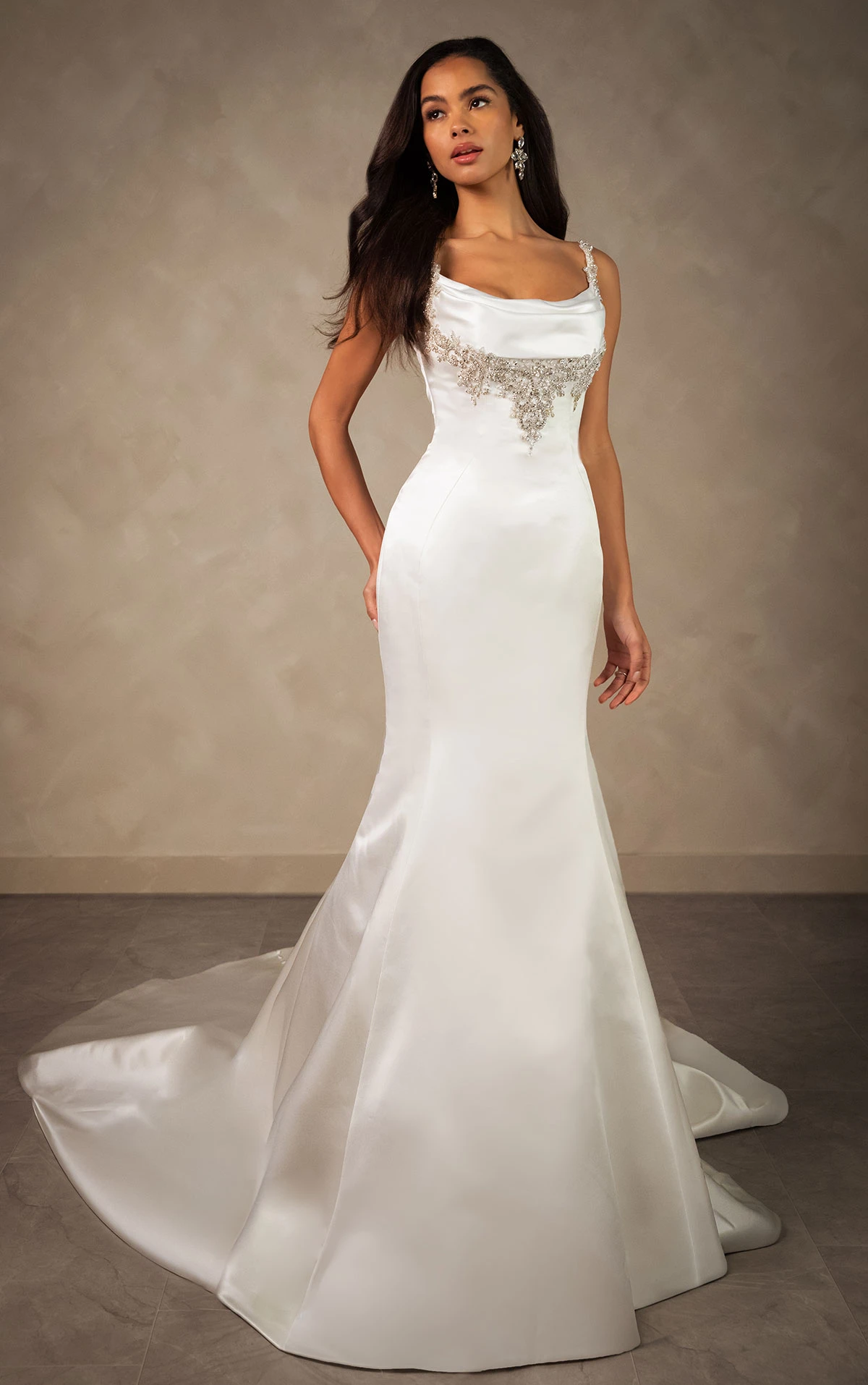d4609 Glamorous Beaded Satin Fit-and-Flare Wedding Dress with Elegant Cowl Neckline  by Essense of Australia
