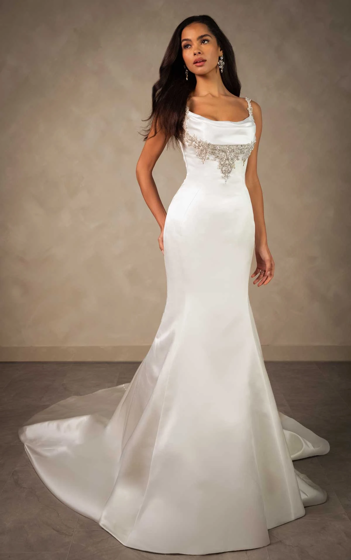 d4609 Glamorous Beaded Satin Fit-and-Flare Wedding Dress with Elegant Cowl Neckline by Essense of Australia