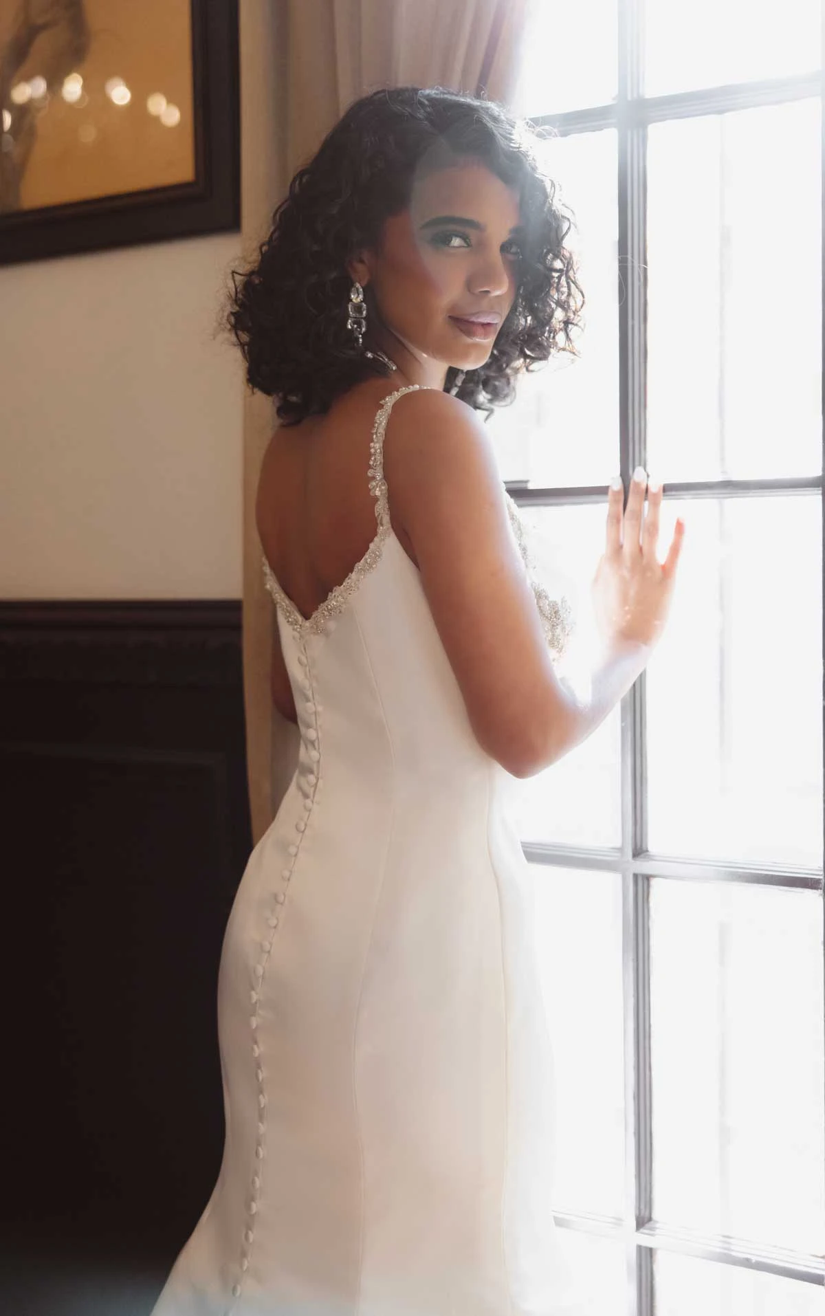 d4609 Glamorous Beaded Satin Fit-and-Flare Wedding Dress with Elegant Cowl Neckline by Essense of Australia