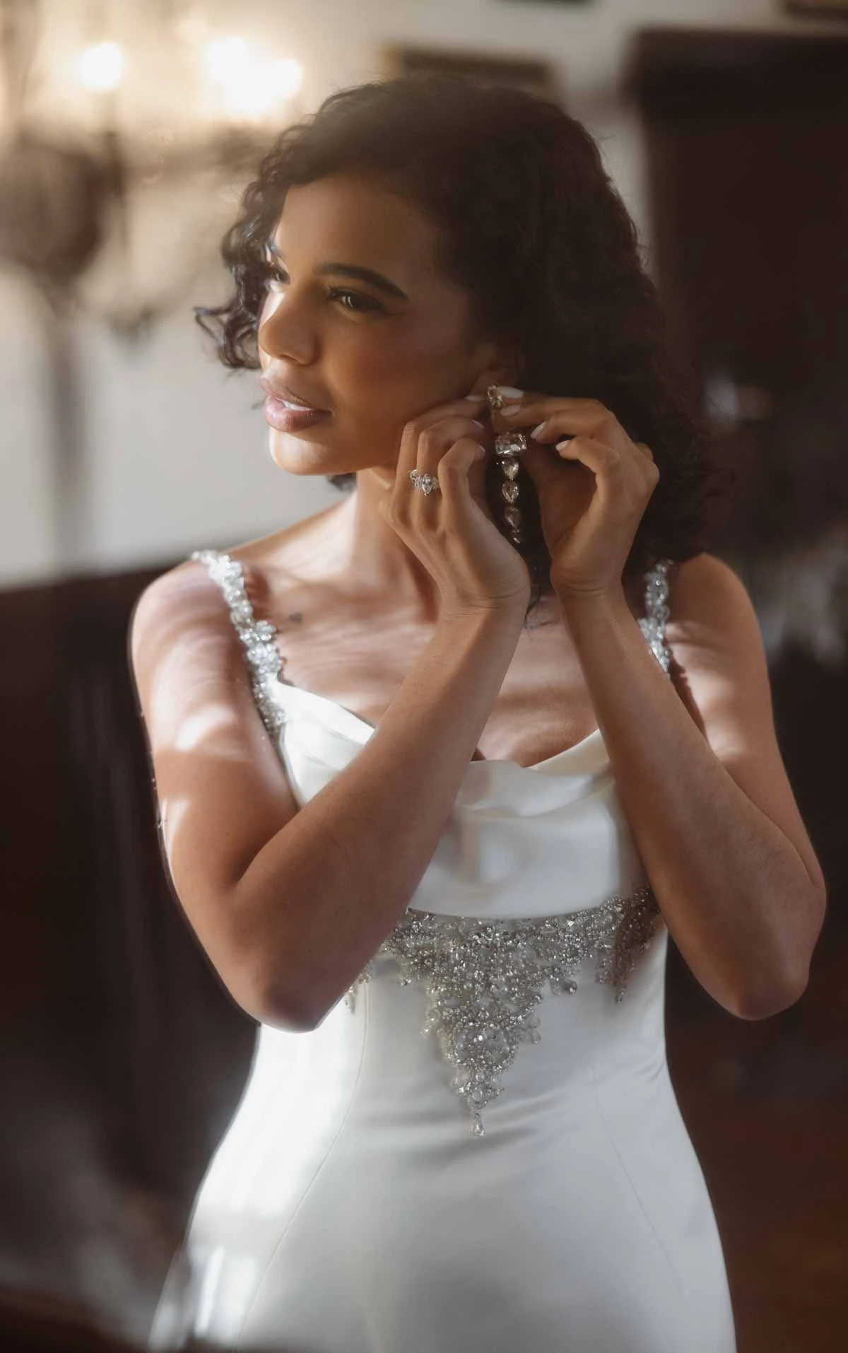 d4609 Glamorous Beaded Satin Fit-and-Flare Wedding Dress with Elegant Cowl Neckline by Essense of Australia