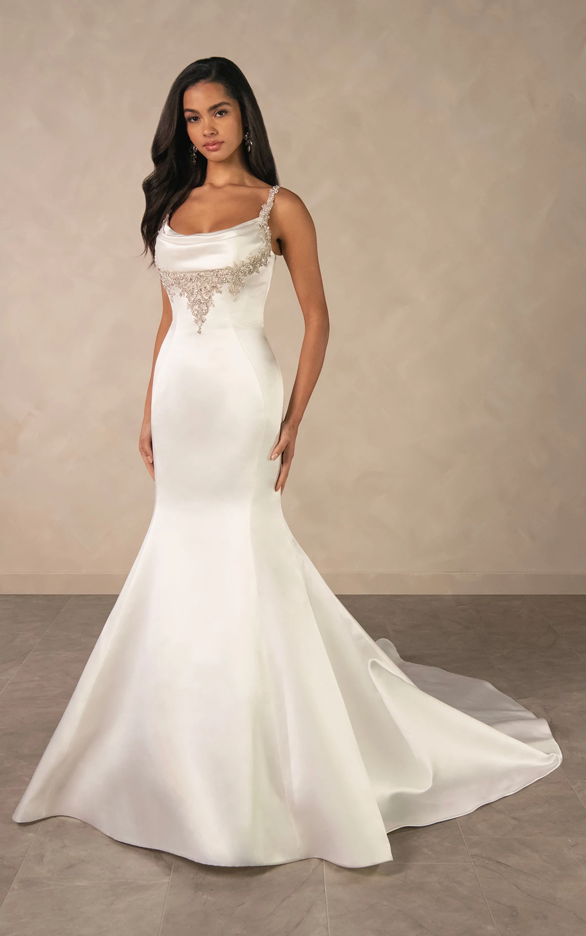 d4609 Glamorous Beaded Satin Fit-and-Flare Wedding Dress with Elegant Cowl Neckline  by Essense of Australia