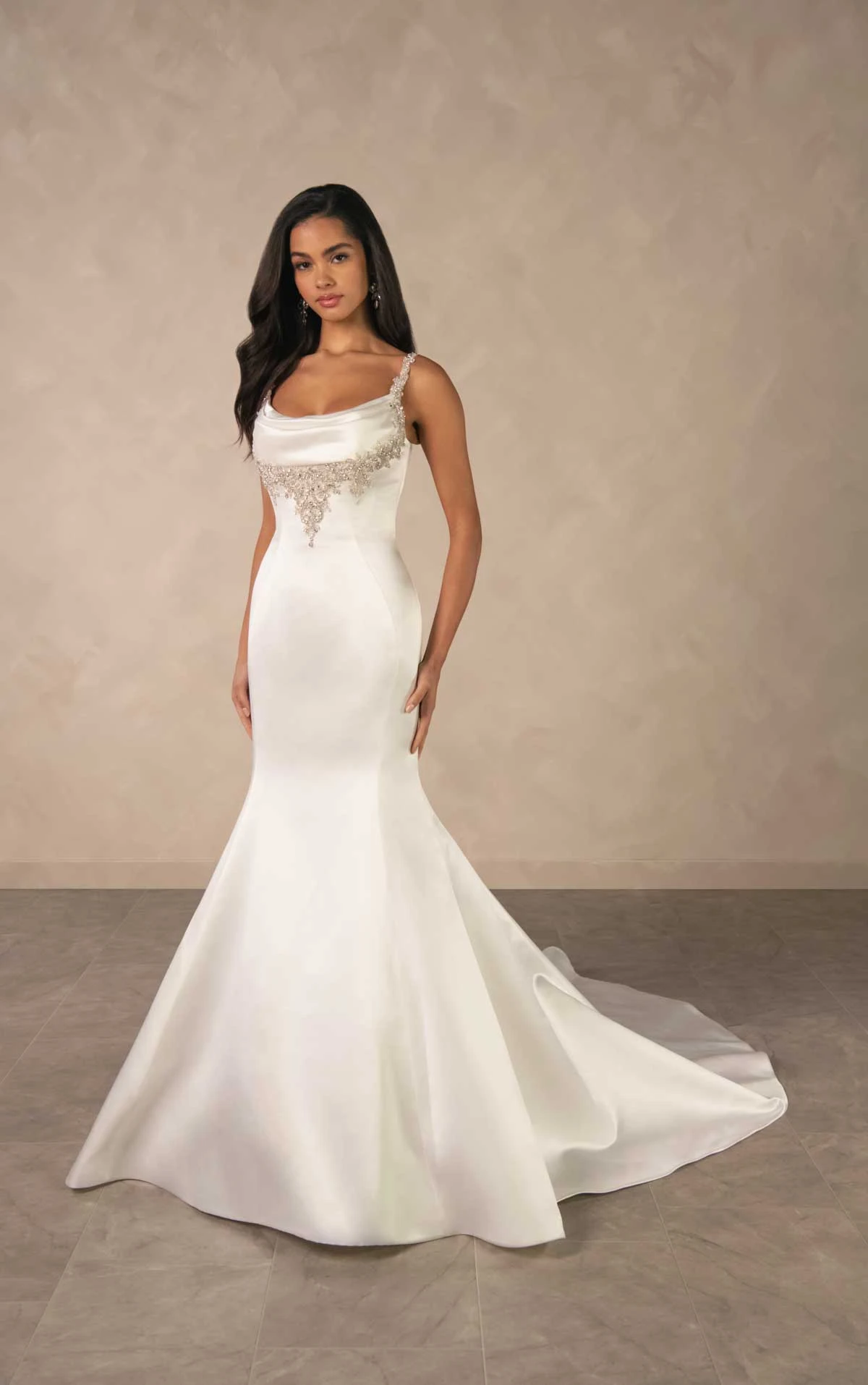 d4609 Glamorous Beaded Satin Fit-and-Flare Wedding Dress with Elegant Cowl Neckline by Essense of Australia