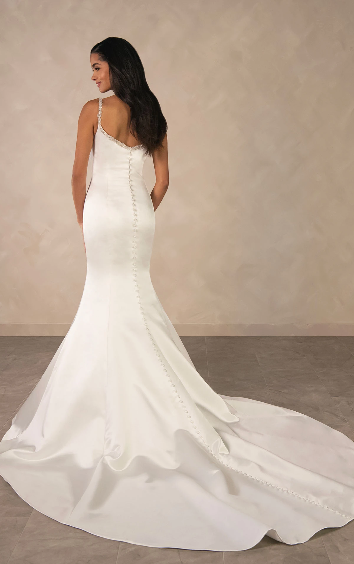 d4609 Glamorous Beaded Satin Fit-and-Flare Wedding Dress with Elegant Cowl Neckline  by Essense of Australia