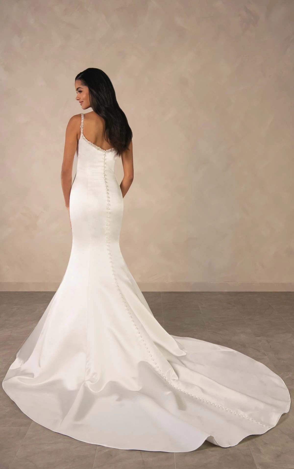 d4609 Glamorous Beaded Satin Fit-and-Flare Wedding Dress with Elegant Cowl Neckline by Essense of Australia