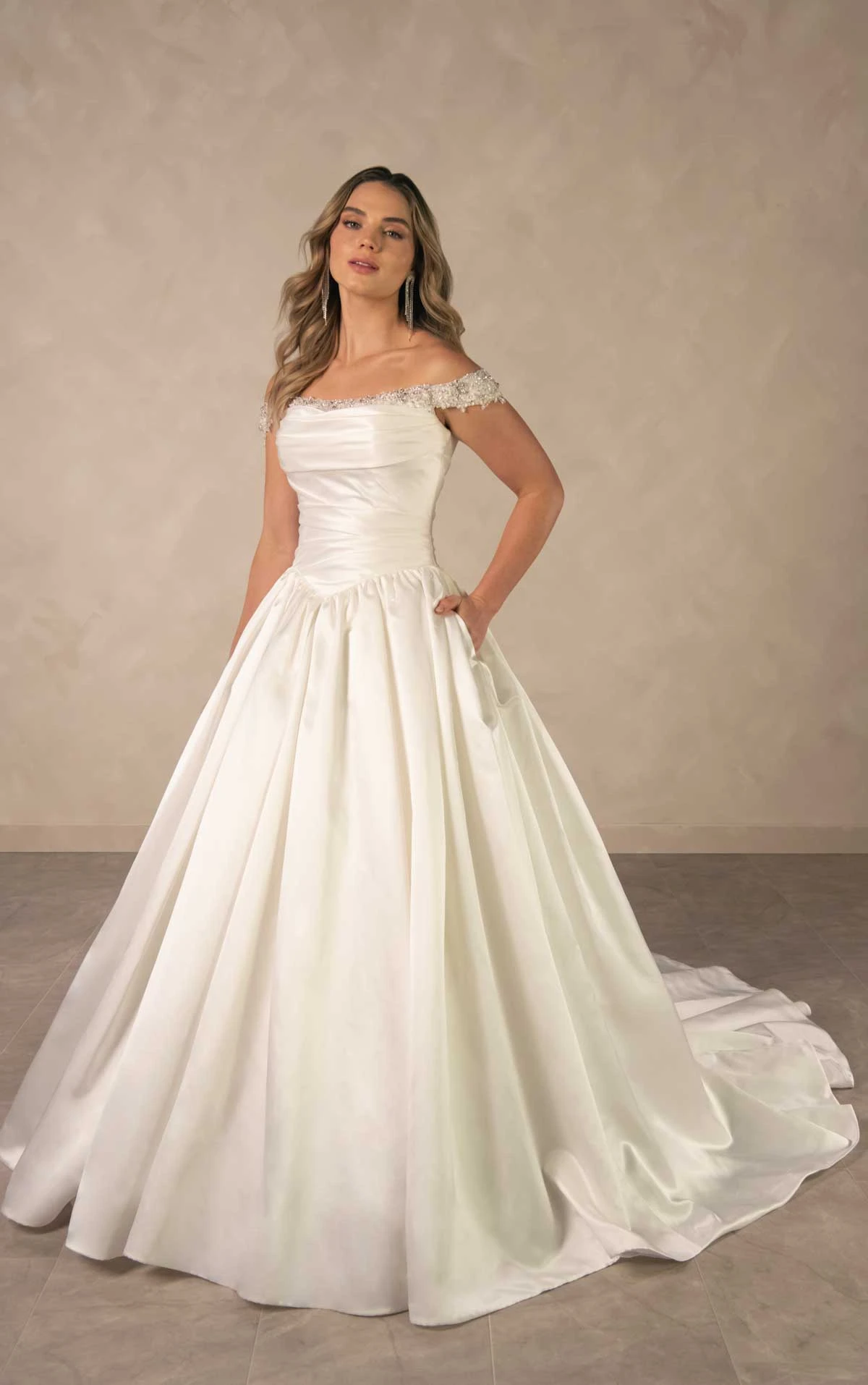 d4613 Glamorous Off-the-Shoulder Satin Ballgown with Crystal Neckline by Essense of Australia