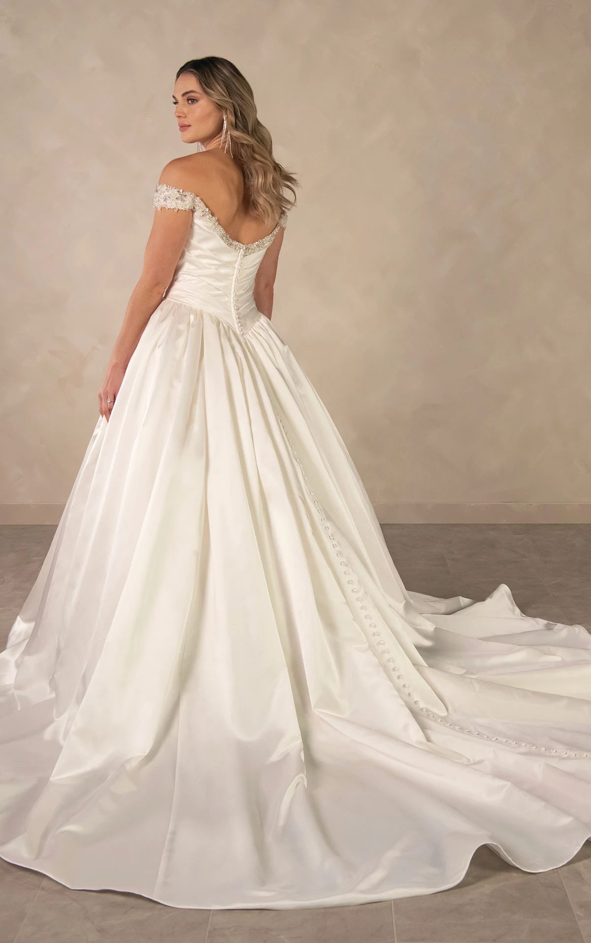 d4613 Glamorous Off-the-Shoulder Satin Ballgown with Crystal Neckline  by Essense of Australia