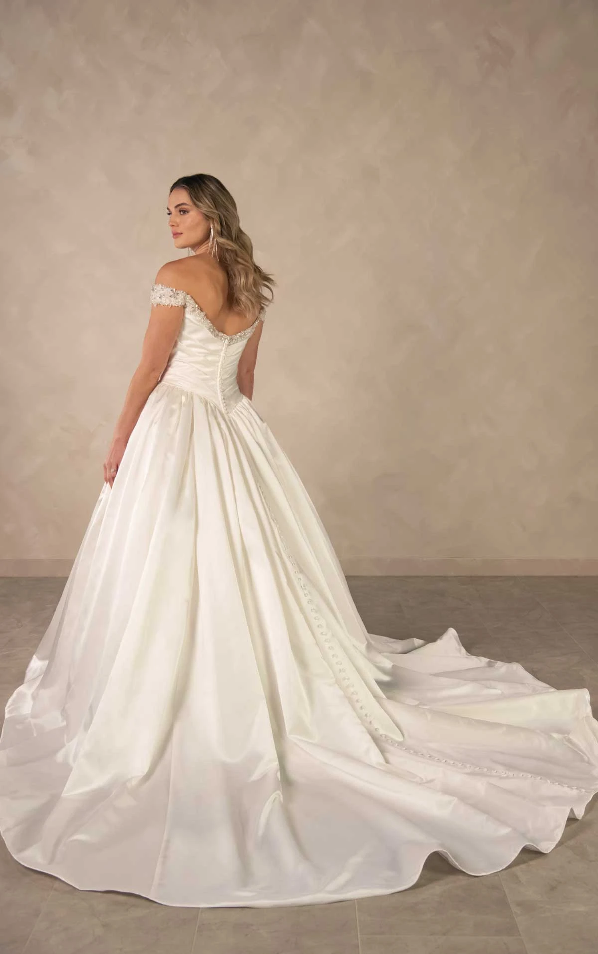 d4613 Glamorous Off-the-Shoulder Satin Ballgown with Crystal Neckline by Essense of Australia