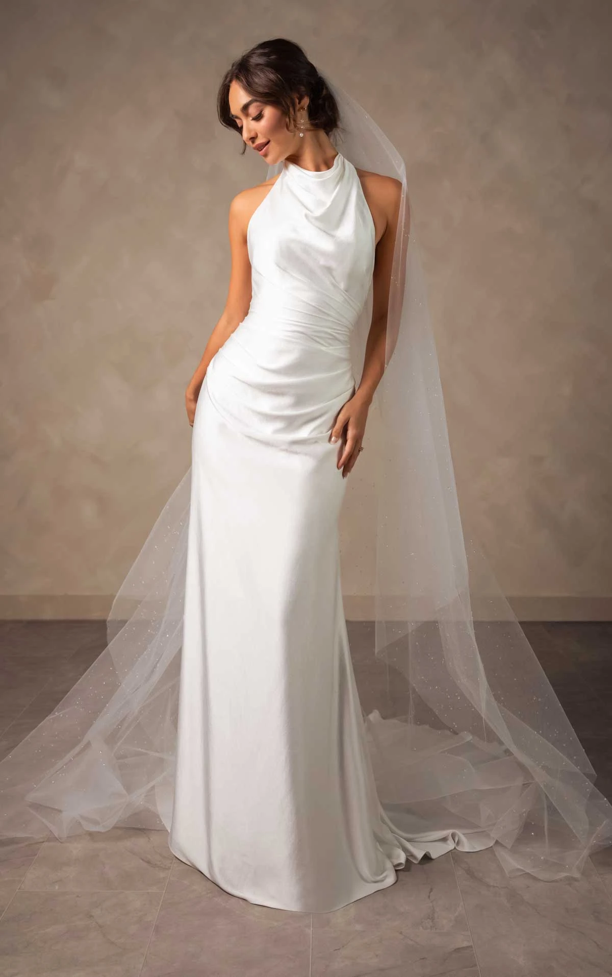 d4614 Draped Halter Column Sheath Wedding Dress with Open Back by Essense of Australia