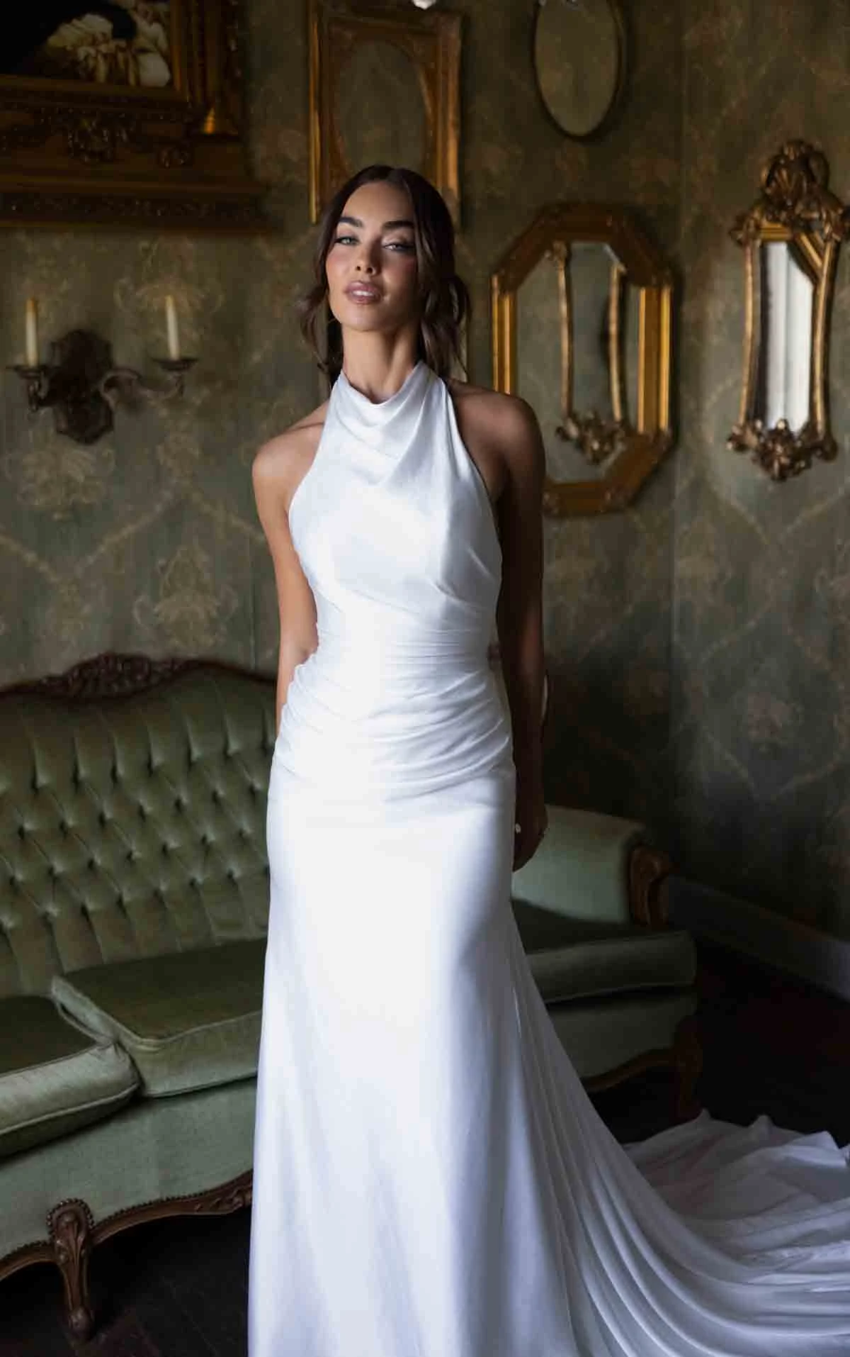 d4614 Draped Halter Column Sheath Wedding Dress with Open Back by Essense of Australia