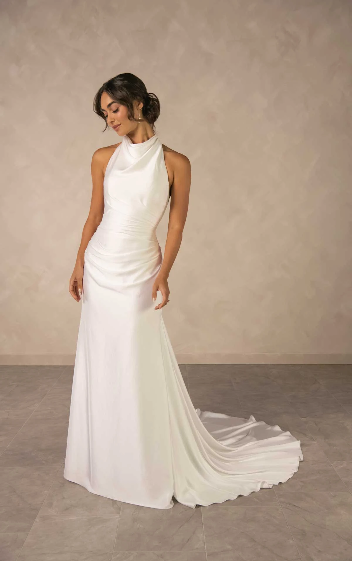 d4614 Draped Halter Column Sheath Wedding Dress with Open Back by Essense of Australia