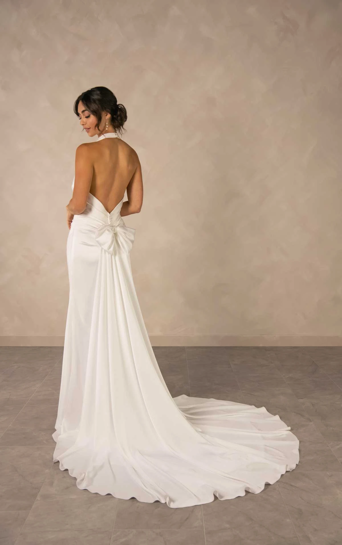 d4614 Draped Halter Column Sheath Wedding Dress with Open Back by Essense of Australia