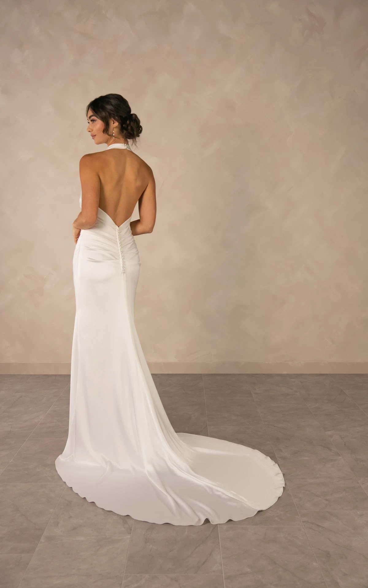 d4614 Draped Halter Column Sheath Wedding Dress with Open Back by Essense of Australia