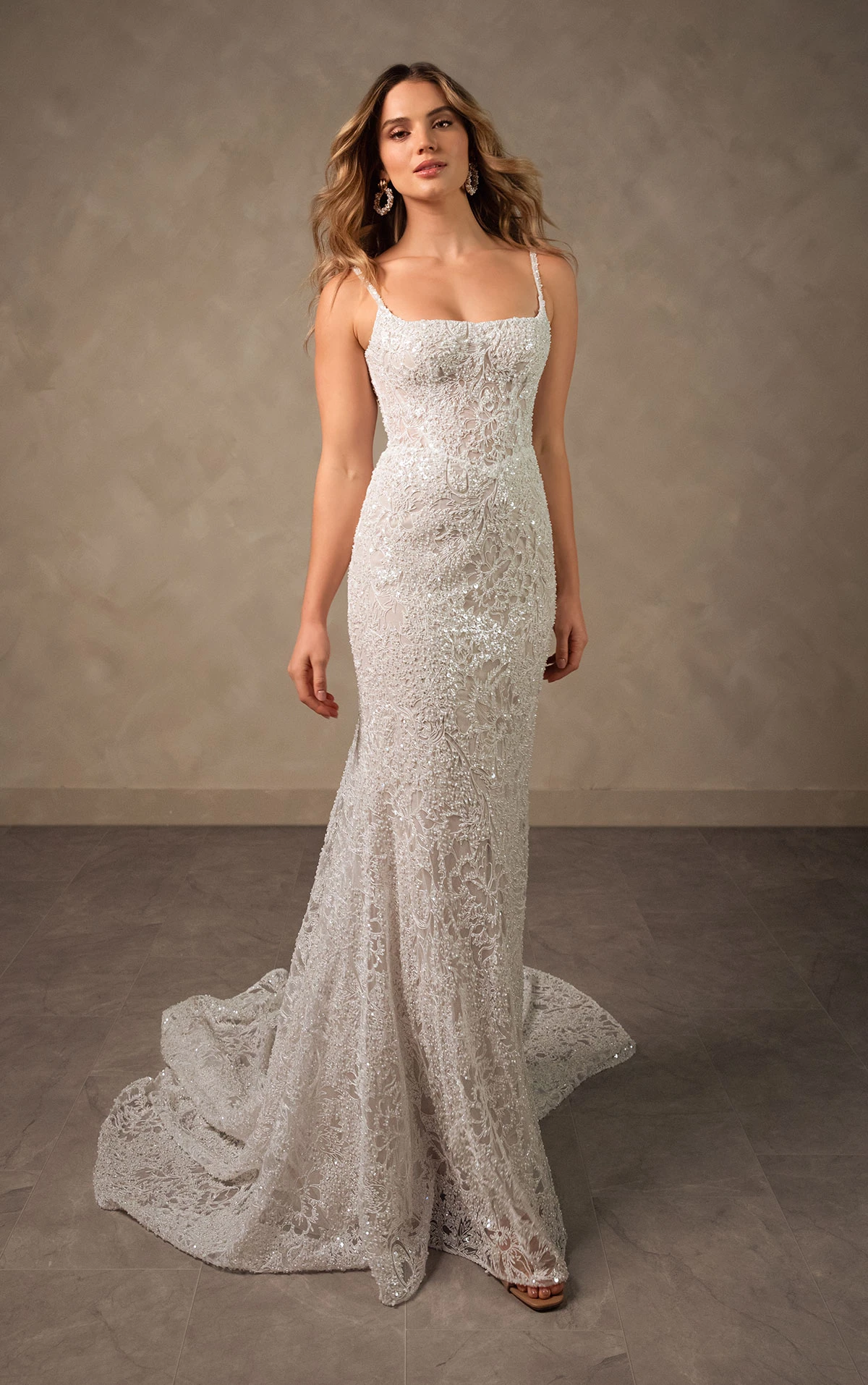 d4615 Sparkling Square Neckline Lace Sheath Wedding Dress  by Essense of Australia