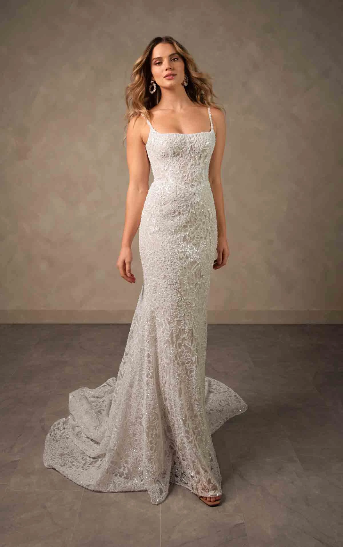 d4615 Sparkling Square Neckline Lace Sheath Wedding Dress with Drop Waist by Essense of Australia