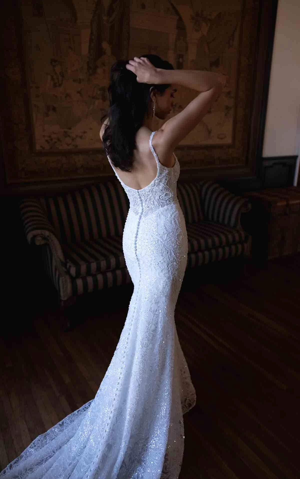 d4615 Sparkling Square Neckline Lace Sheath Wedding Dress with Drop Waist by Essense of Australia