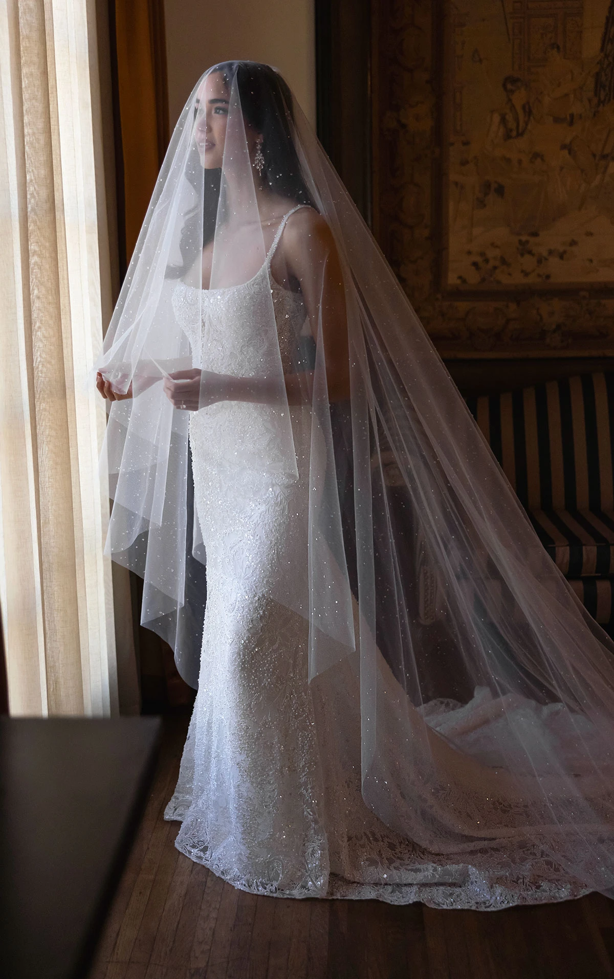 d4615 Sparkling Square Neckline Lace Sheath Wedding Dress  by Essense of Australia